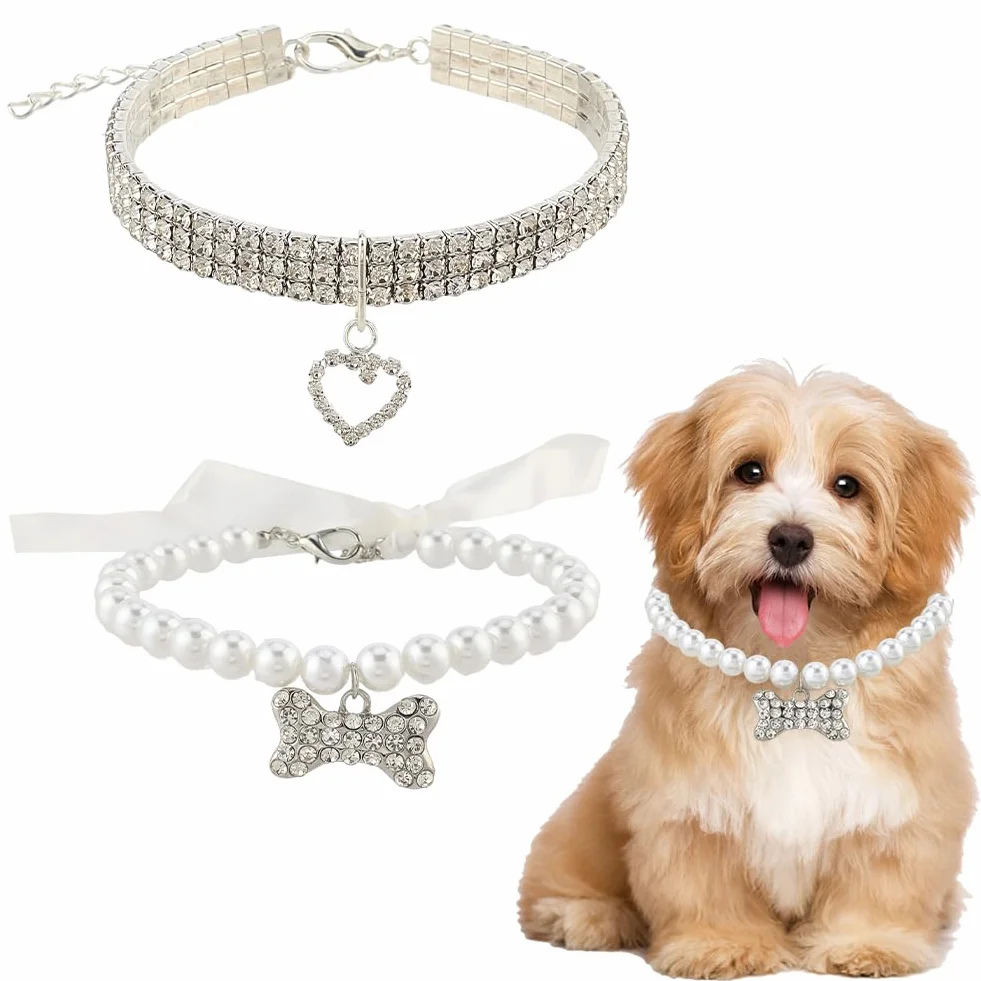 CREATCABIN Collana per Cani Strass Bling Regolabile Fiocco Bianco Perle Finte Ciondolo Collari per Gatti Cucciolo 28cm 25.8cm