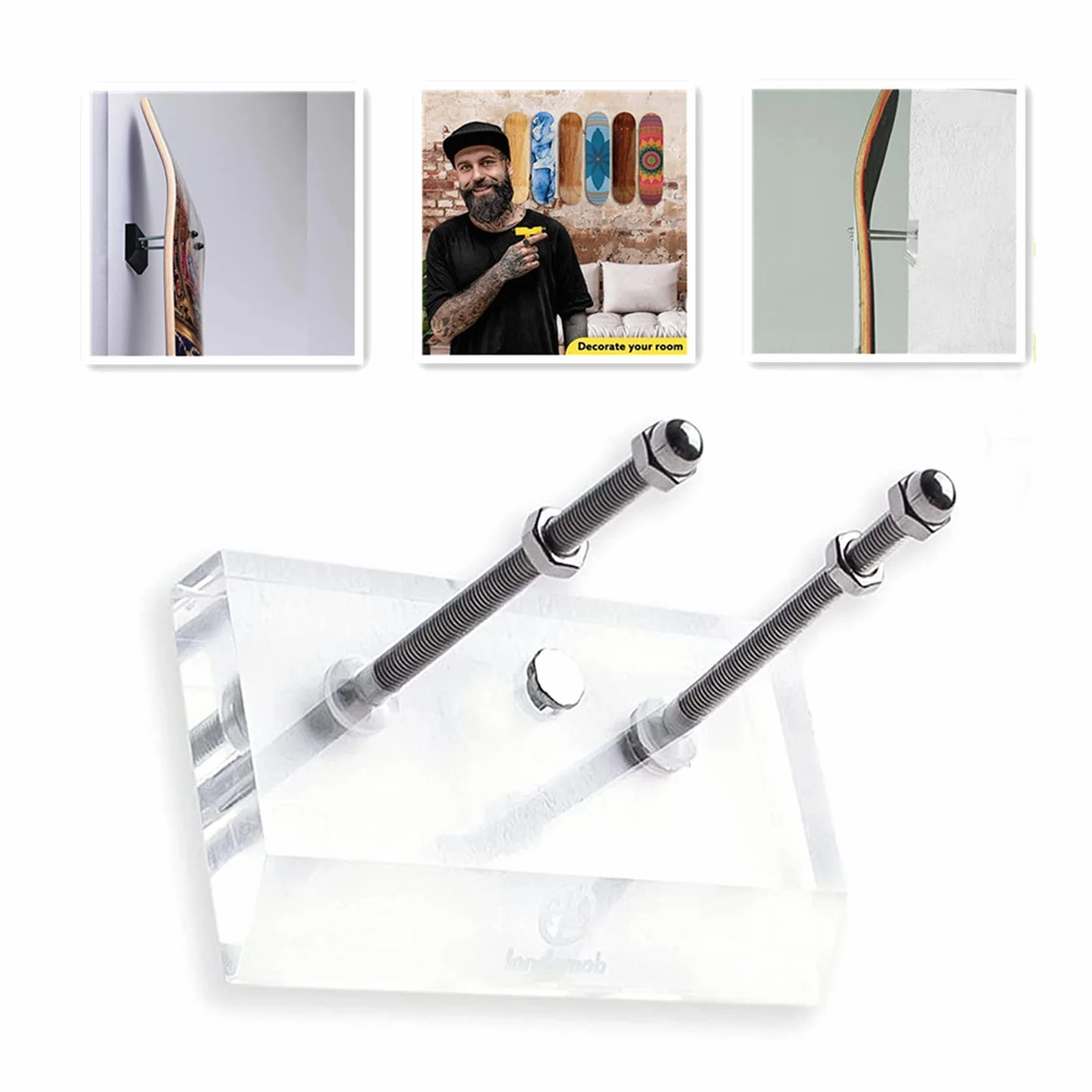 Set di Supporti da Parete per Skateboard in Acrilico Trasparente