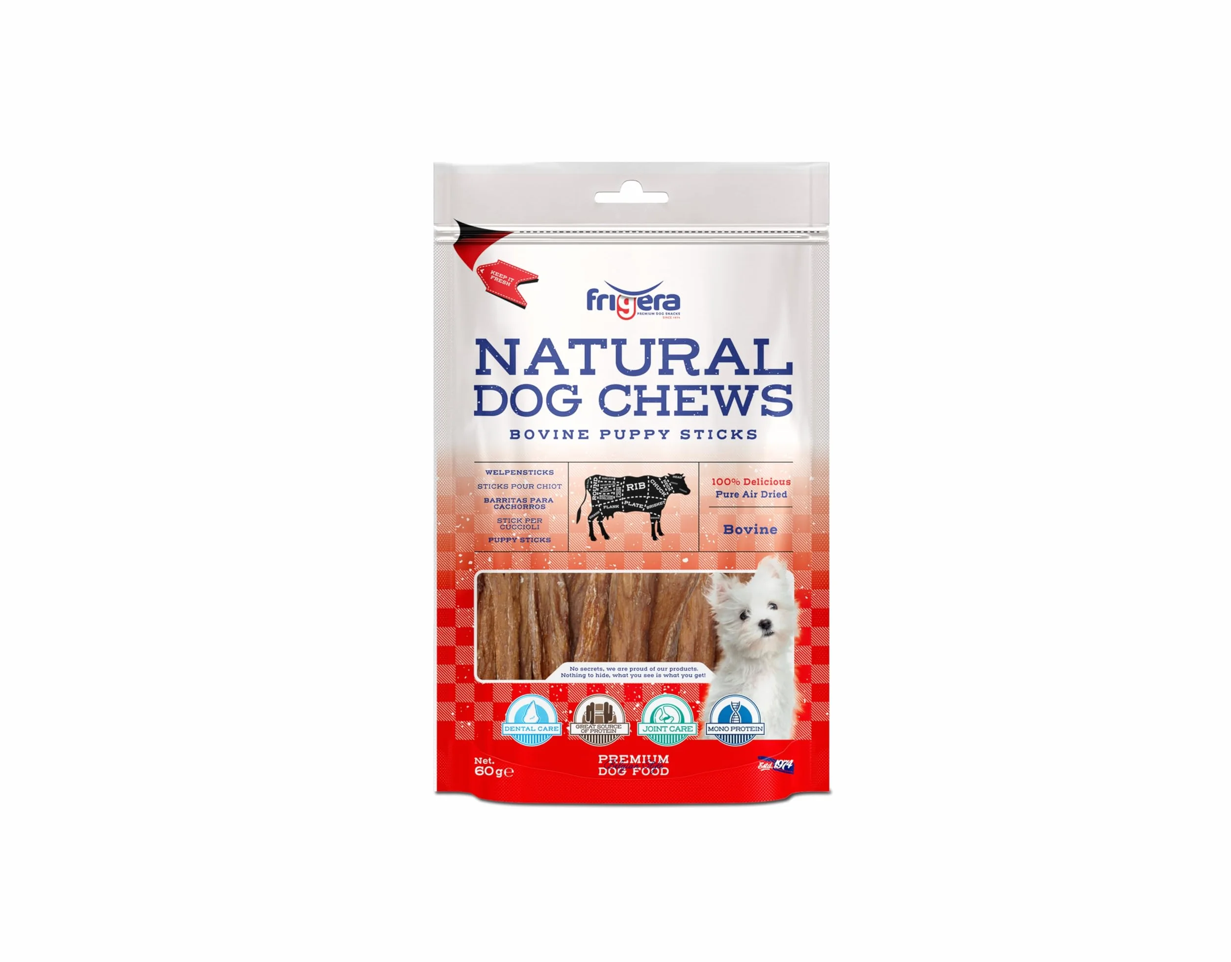 Frigera Bacchette per cuccioli, 60 g, naturali, ricchi di proteine, per cuccioli, senza glutine e cereali, snack per cani di alta qualità senza additivi