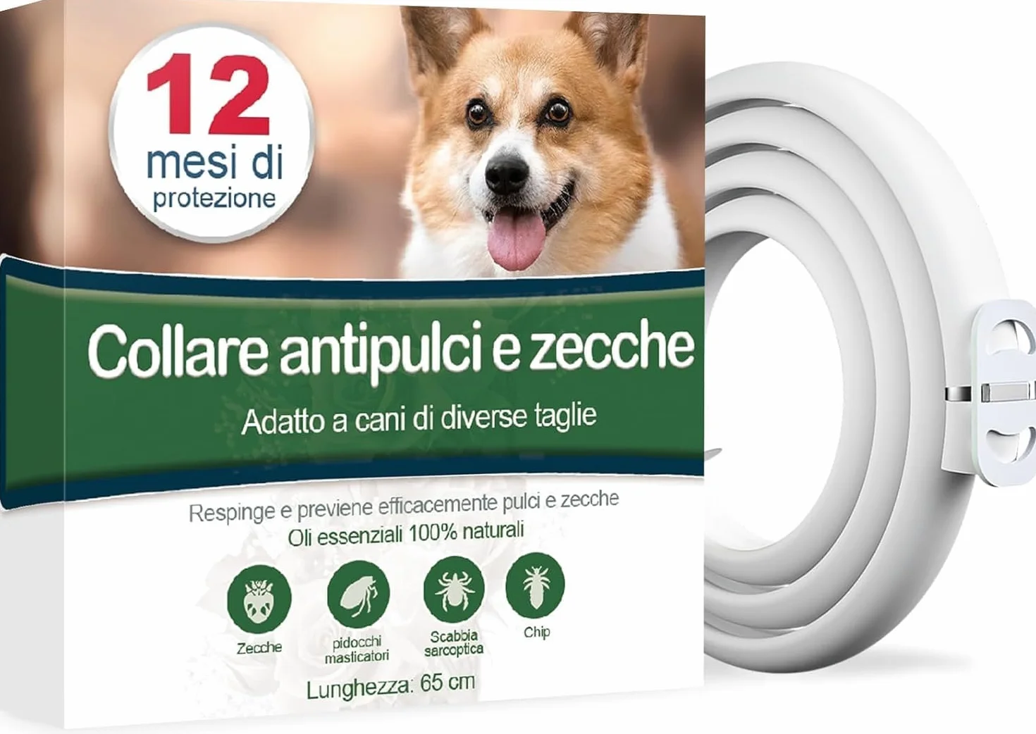 Collare Antiparassitario per Cani, Antiparassitario Collare Antipulci cane per Tutti i Tipi di Cani, Regolabile Impermeabile, 12 Mesi di Efficacia Protezione, 65cm Taglia Unica (65cm)