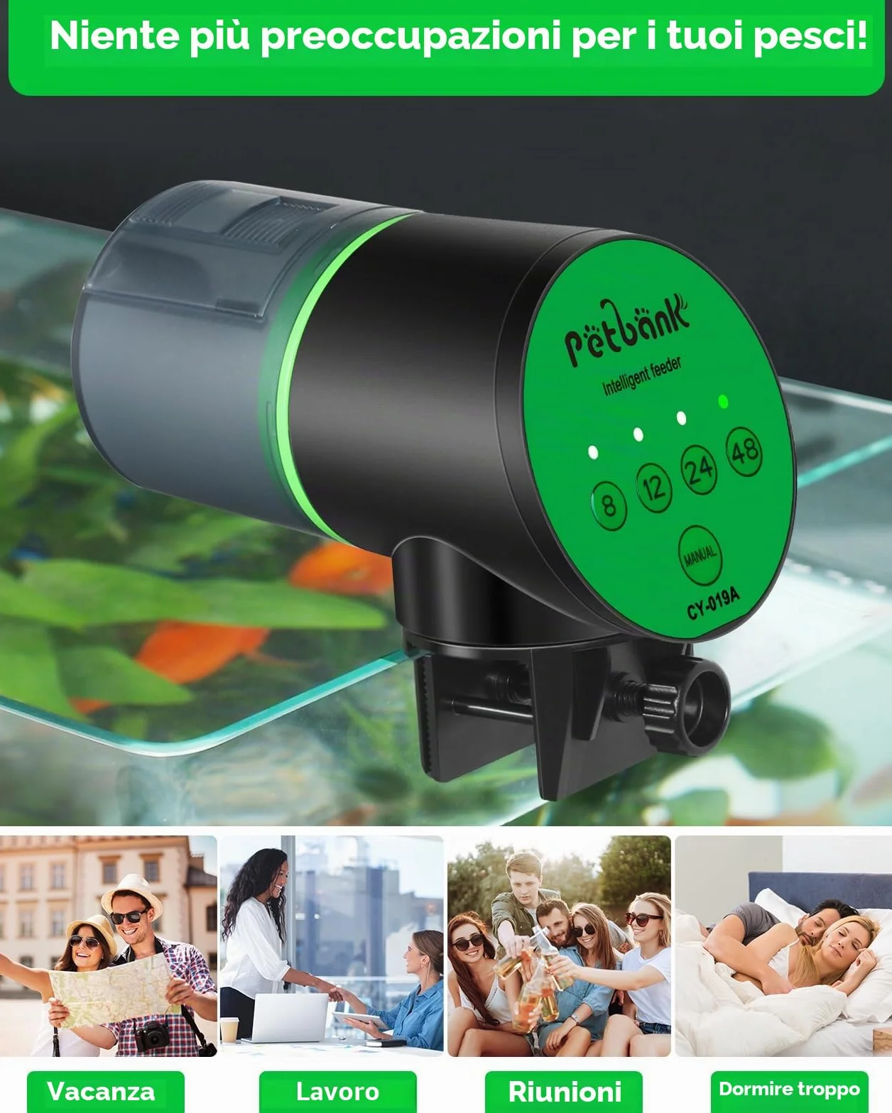 Mangiatoia automatica per acquario, distributore automatico di cibo per pesci, timer vacanze alimentato a batteria, alimentatore automatico per pesci, distributore automatico con 2 batterie