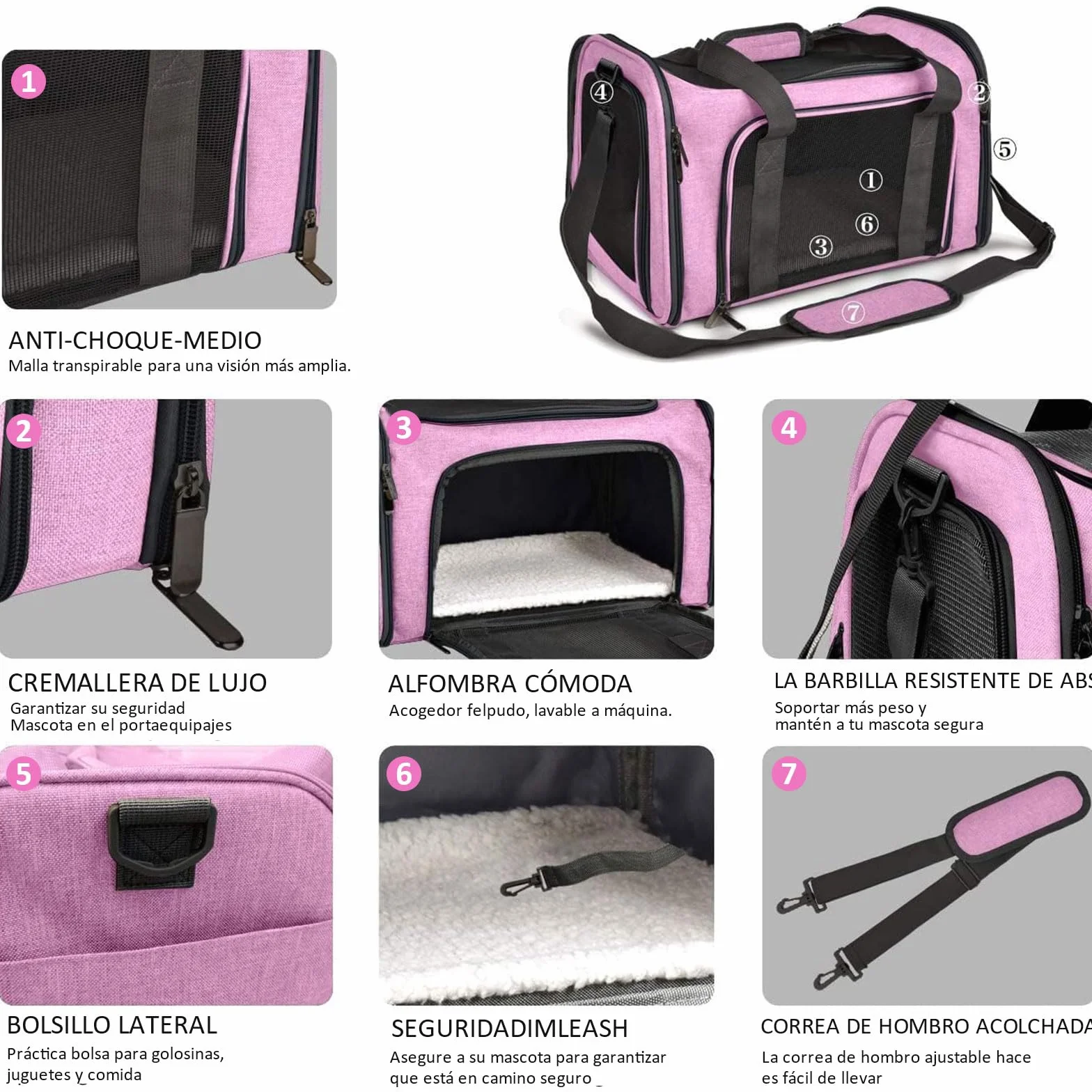 Trasportino per Cani e Gatti, Gabbietta Morbida per Animali Domestici, Tappetino Lavabile Rimovibile, con Tracolla, Borsa Ripiegabile Viaggio Sull' Aereo (L 50 x B 34 x H 34 cm, Rosa)