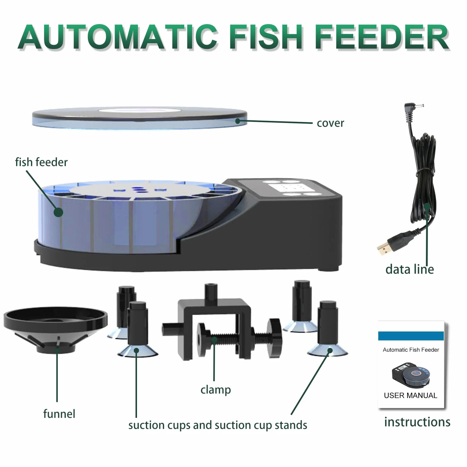 60 ml mangiatoia automatica per pesci d'acquario, distributore automatico di cibo con timer, mangiatoia ricaricabile con timer, con cavo USB, display LCD