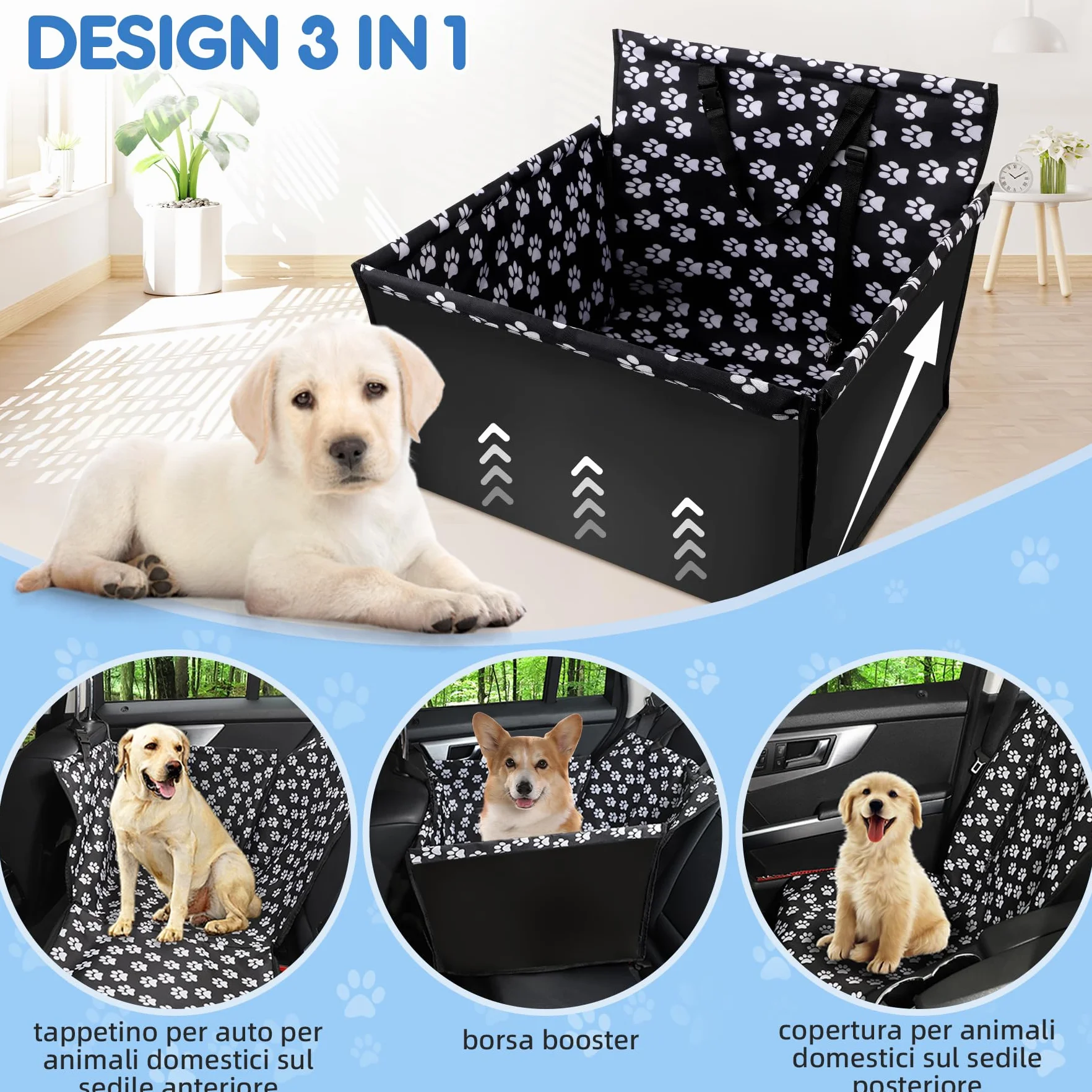 Seggiolino Auto Cane 3 in 1 Rialzato Pieghevole Impermeabile con Cintura di Sicurezza 68x57x33 cm