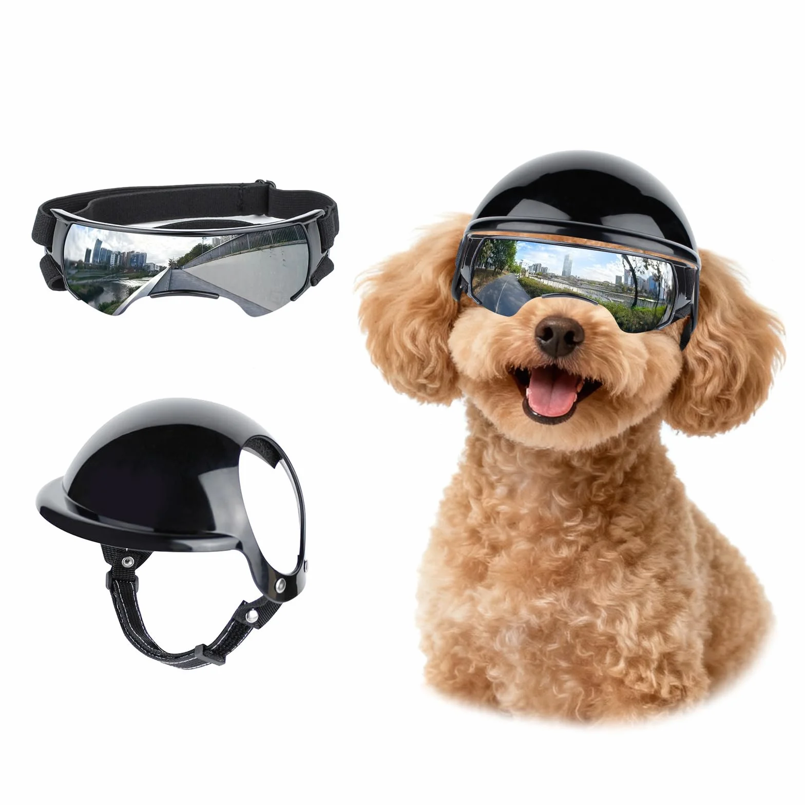LESYPET Casco e occhiali per cani di piccola taglia, protezione UV, occhiali da sole per cani, protezione per gli occhi, casco da moto con foro per le orecchie, set di occhiali e casco per cani