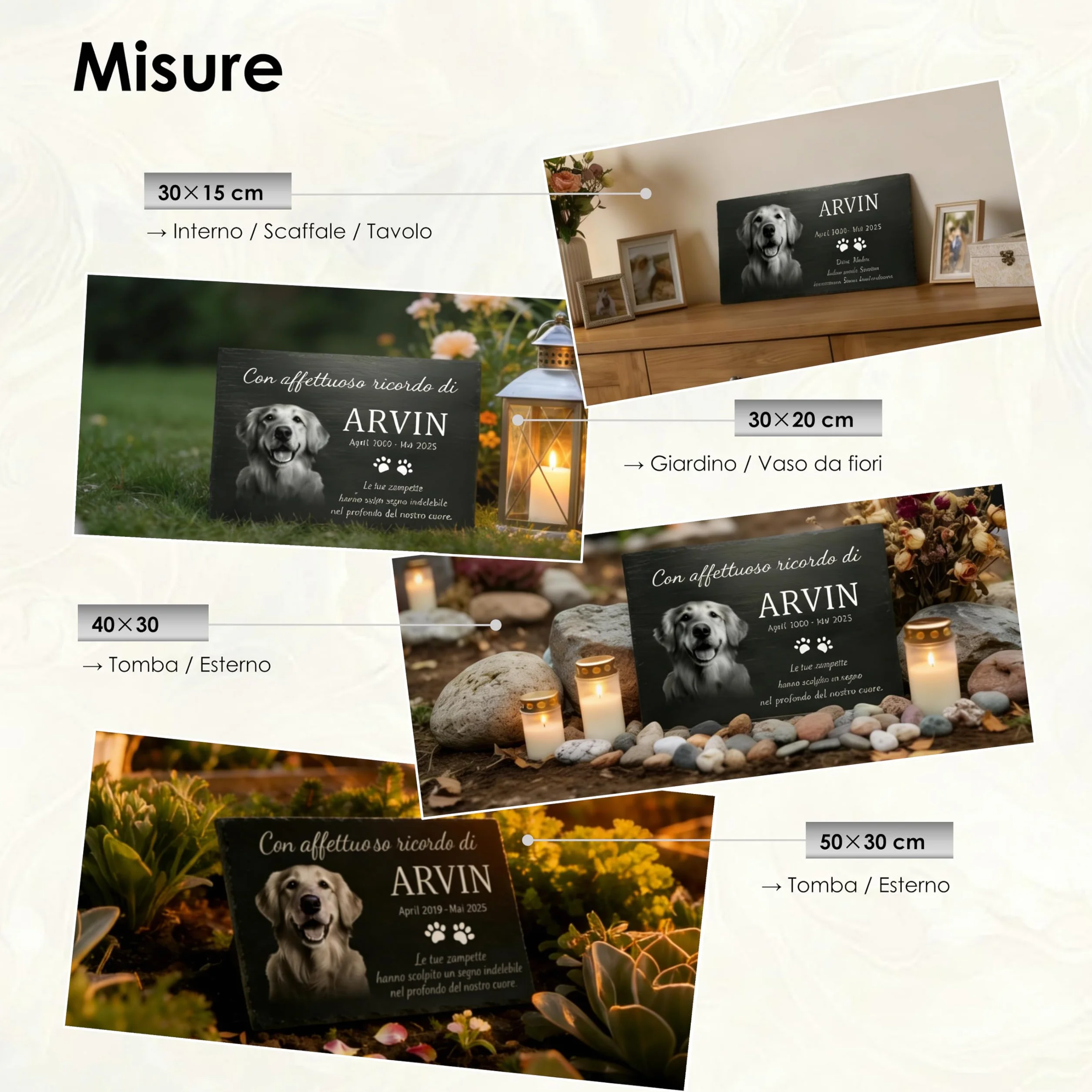 Pietra Commemorativa Cane in Ardesia – Lapide per Animali Esterno Personalizzata, Targa Memoriale per Cani Resistente alle Intemperie – Foto, Nome e Testo Personalizzabili – Giardino / 30x15–50x30 cm