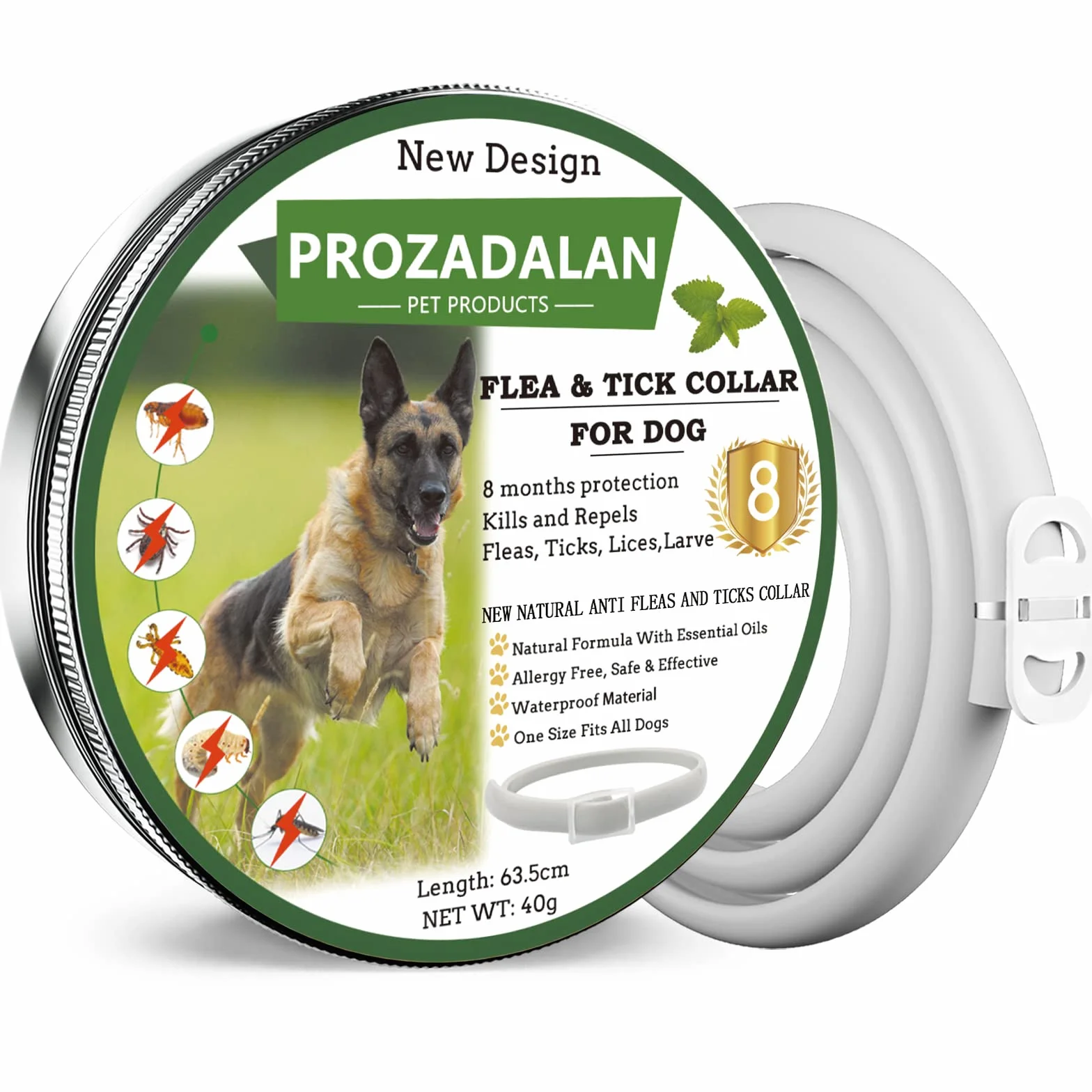 Collare Antipulci e Zecche Regolabile Impermeabile 63cm per Cani 8 Mesi Protezione