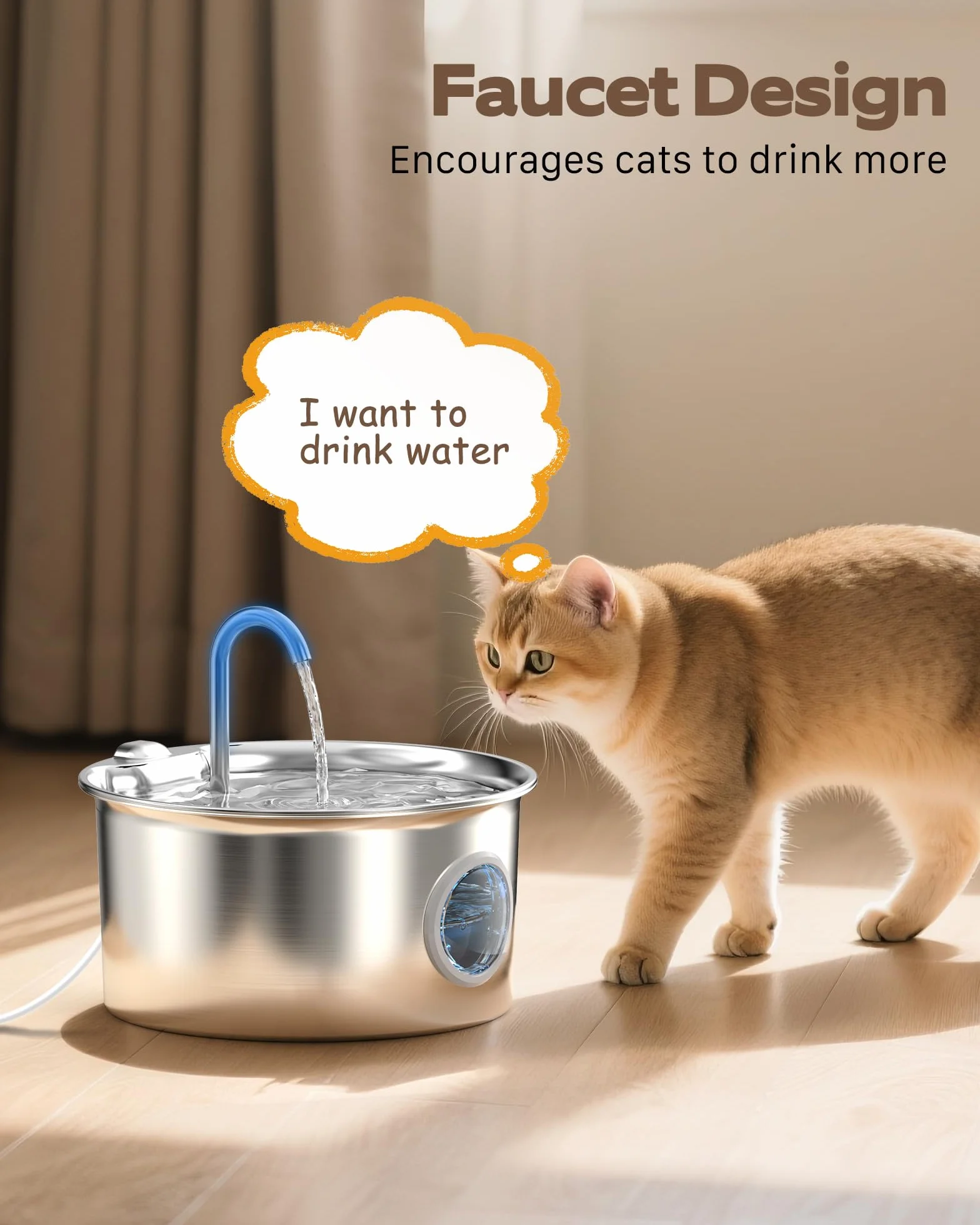 Fontanella per Gatti Acciaio Inox: Fontana per Gatti Inossidabile - 2.6L Automatico Fontanelle Gatto Silenziosa - Dispenser Acqua Gatto con Finestra Livello Acqua - Distributore Acqua per Cani