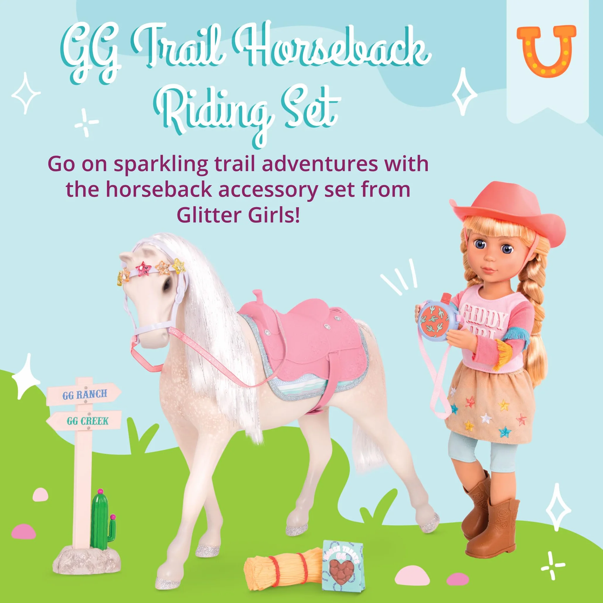 Glitter Girls - Set da equitazione GG Trail - Set di percorsi equestri - Accessori per bambole da 14 pollici - Sella, coperta, mensa - Segni di percorso e bocconcini per cavalli - 3 anni +