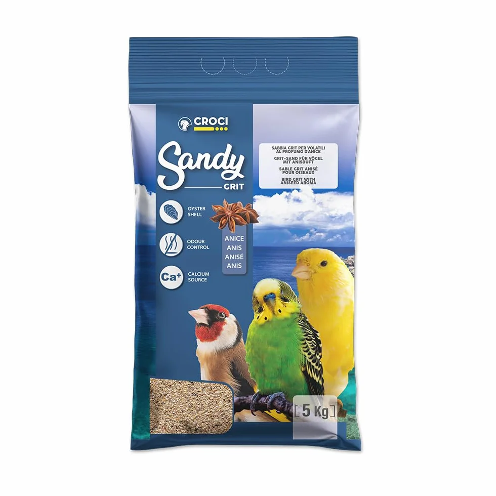 Croci Sandy con Grit 5 kg Sabbia Igienica per Volatili all'Anice con Gusci di Ostrica e Carbonato di Calcio