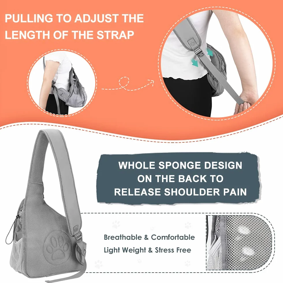 Nasjac Pet Dog Sling Carrier, Hands Free Papoose Small Animal Puppy Travel Bag Tote Cinturino imbottito regolabile Rete traspirante Fondo rigido Apertura Tasca frontale Cintura di sicurezza Lavabile