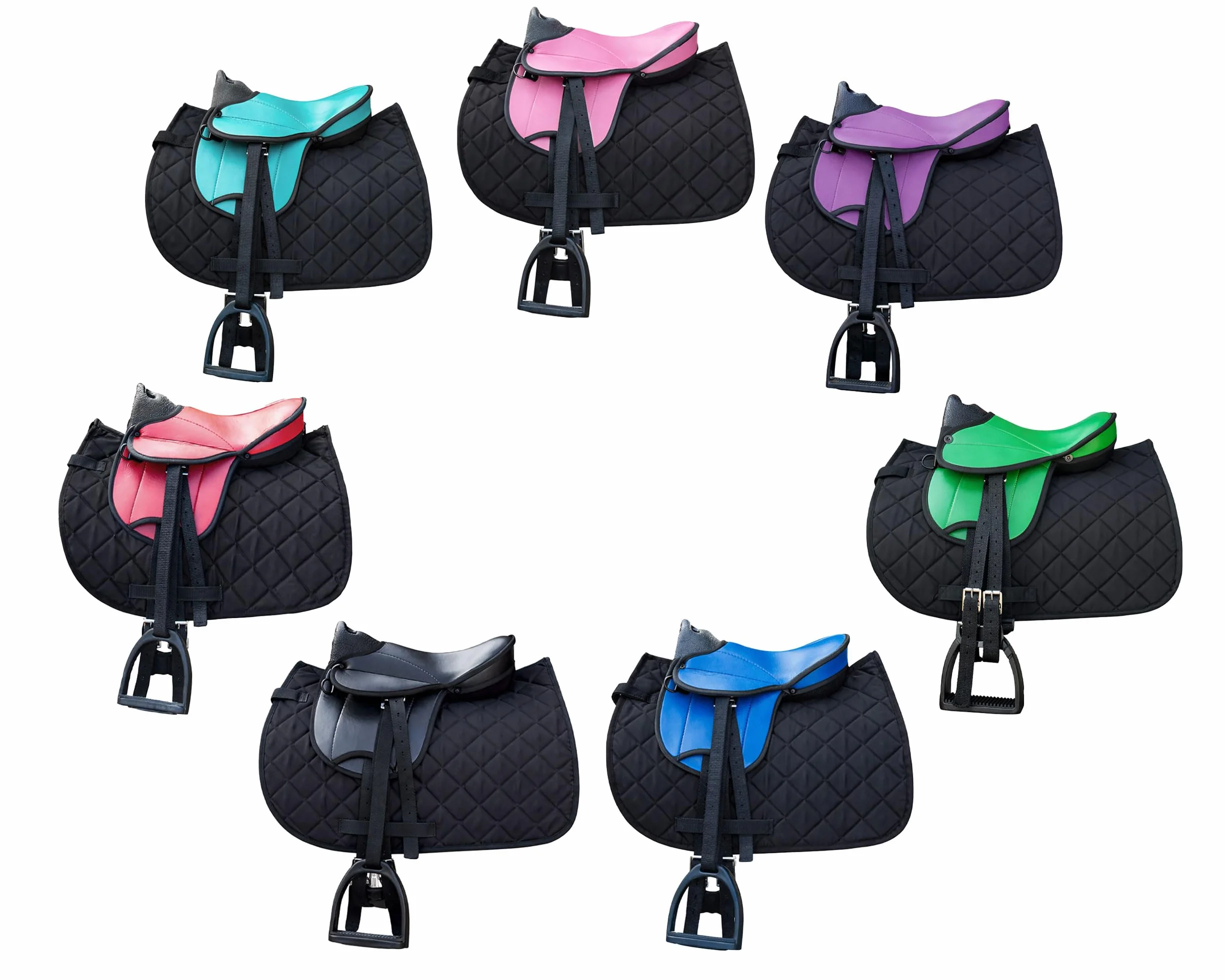 Brama West Set di sella per cavalli in legno "My Happy Pony" | Sella per Shetty Pony cavallo in legno | con copertura sella, cinghia per sella, staffe e staffe | Sella viola/coperta nera