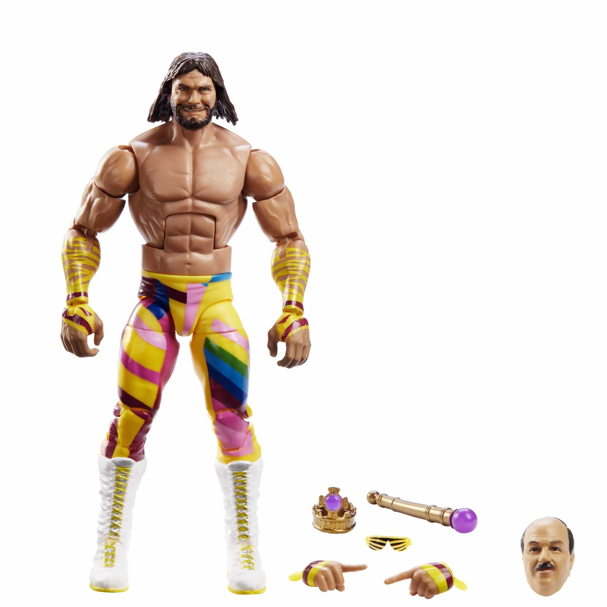 Mattel WWE - Personaggio Elite Macho King Randy Savage, action figure Wrestlemania alta 15+ cm con 25 punti di articolazione e accessori, tecnologia TrueFX, giocattolo per bambini, 8+ anni, HKP10