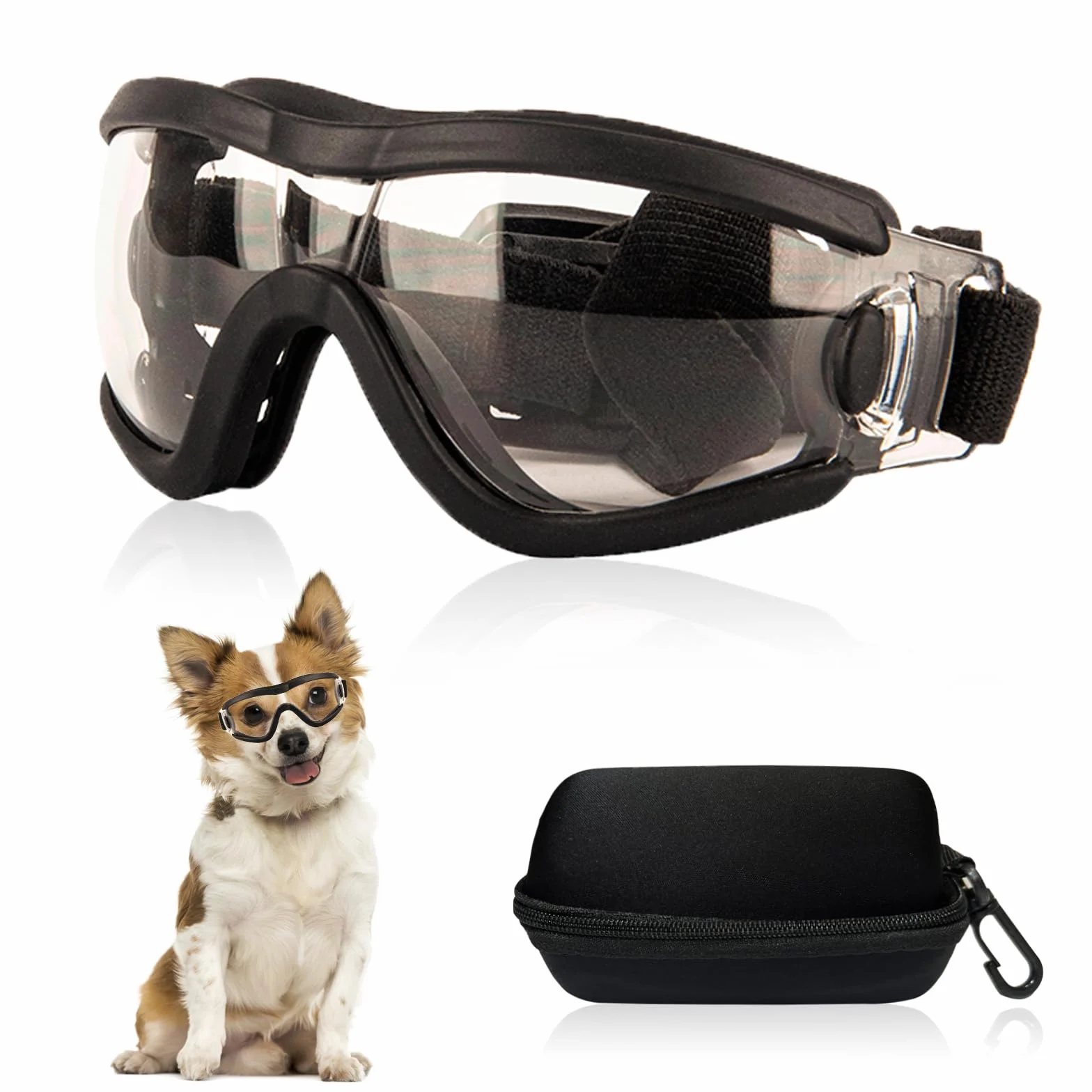 Occhiali da sole per cani di piccola taglia con protezione UV, regolabili, per cagnolini, cuccioli, anti-appannamento, vento, polvere e neve (montatura nera, lenti trasparenti)