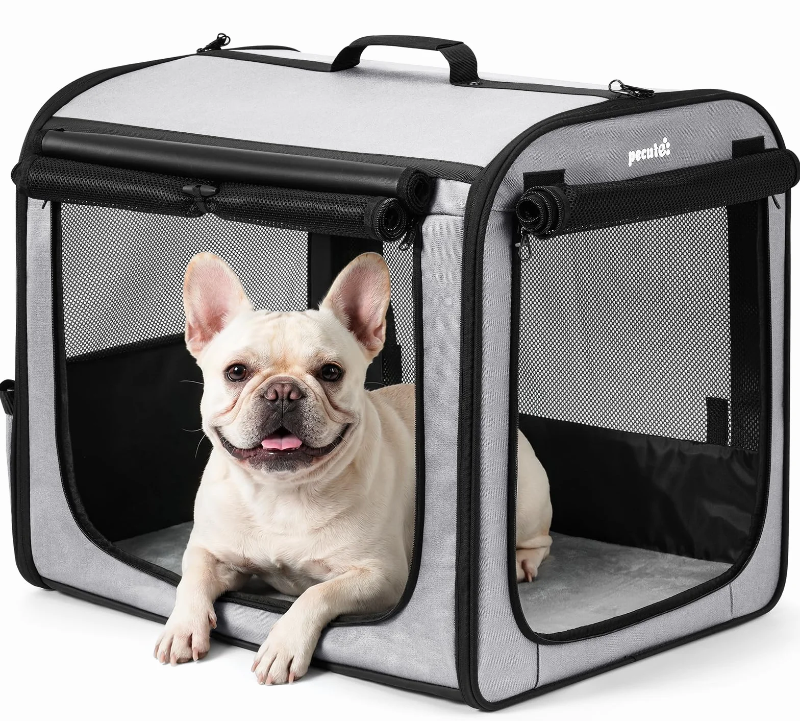 Pecute Trasportino Cani Stabile Leggero, per viaggi e auto, Portatile Con Finestre Traspiranti, Pieghevole Per Animali Domestici, Uso Interno Esterno, 61×45×52 cm, Grigio