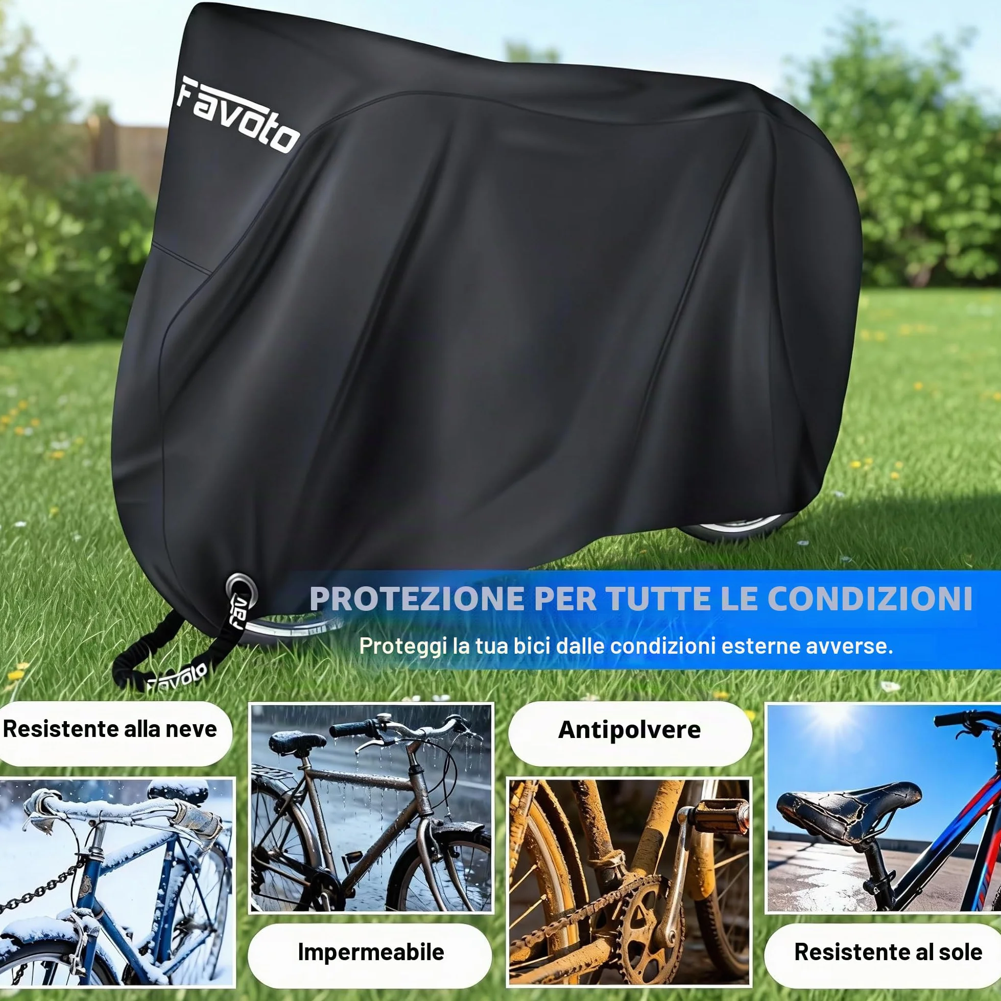 Favoto Telo Copri Bicicletta da Esterno Impermeabile, Robusto Tessuto Oxford, Protezione da Sole, Pioggia e Polvere, Antivento con Borsa per il Trasporto (Nero, per 1-2 biciclette)