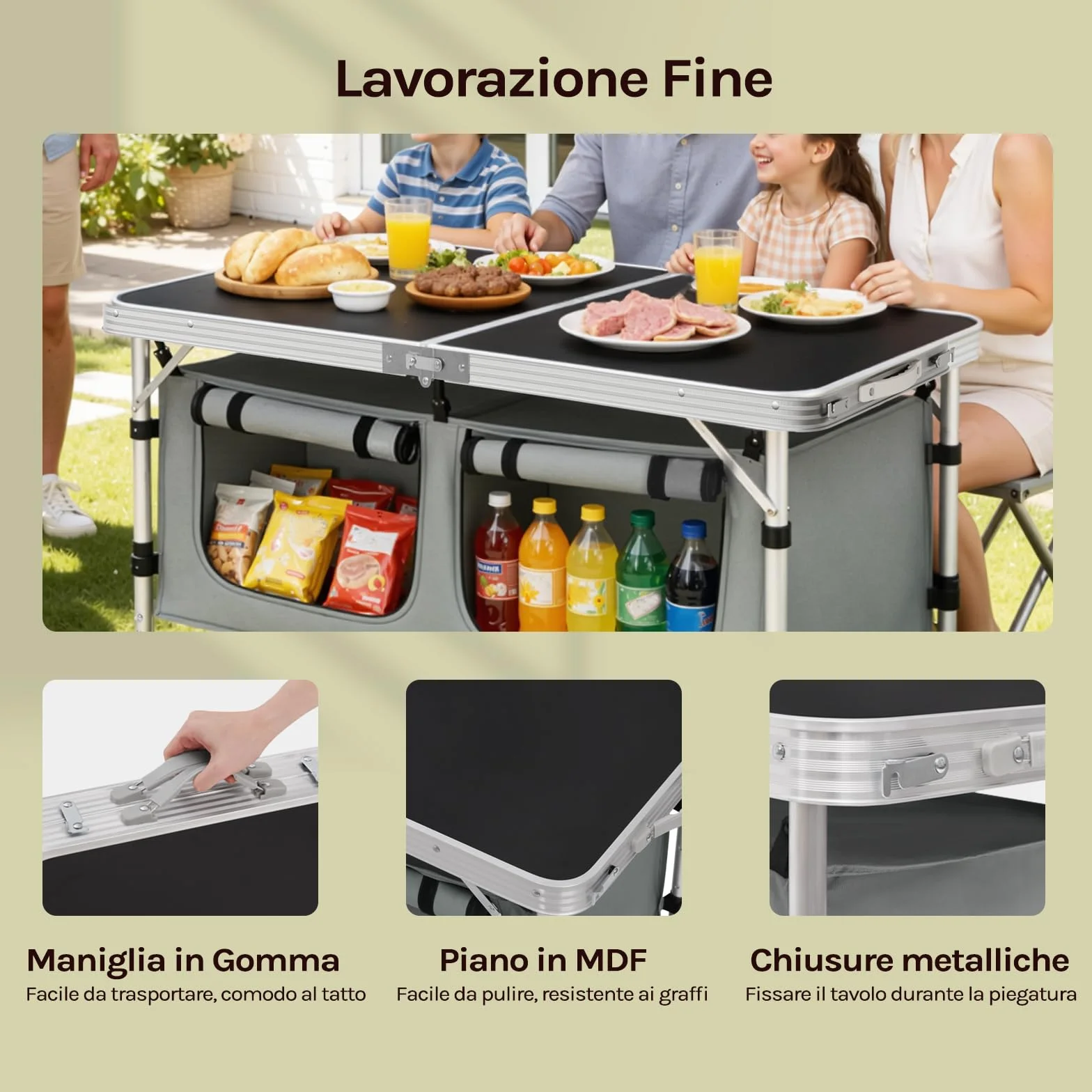 WOLTU Tavolo da Picnic Pieghevole, Mobile Cucina da Campeggio, MDF e Alluminio, 120 x 47 x 62/69.5 cm