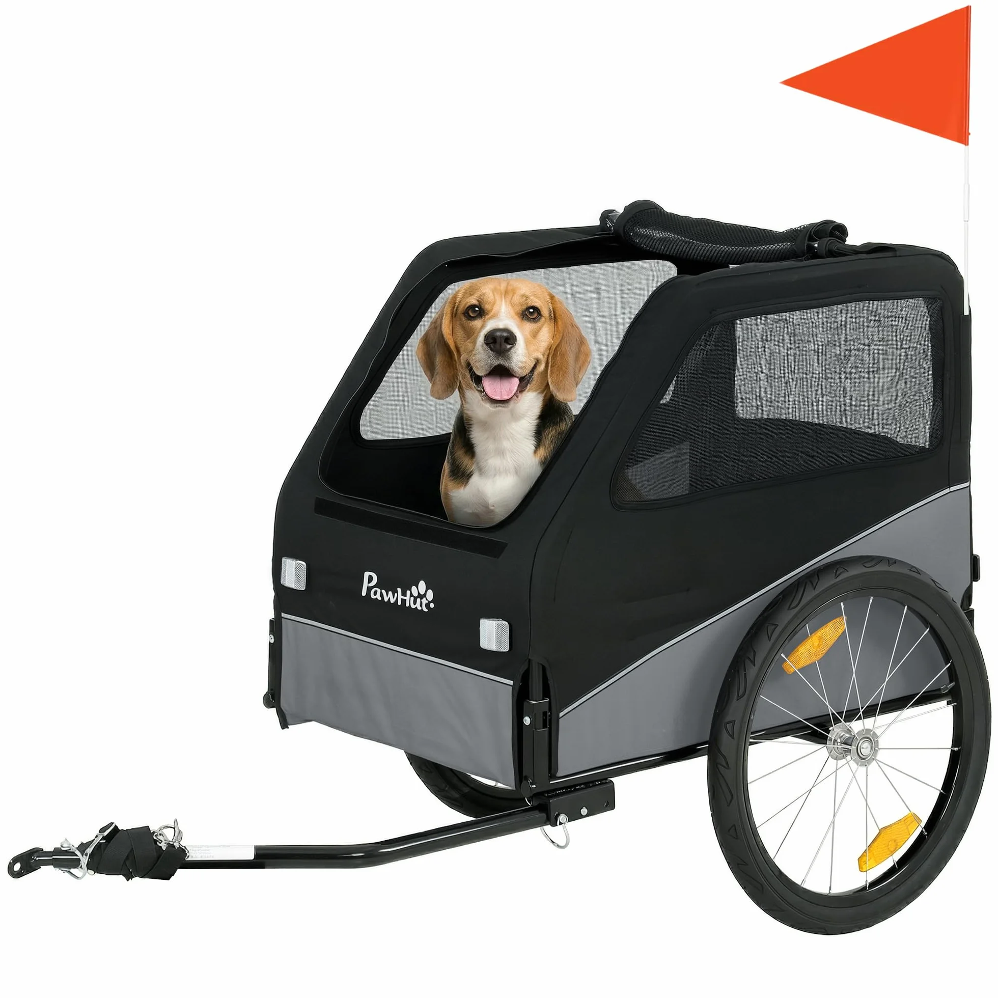PawHut Rimorchio Bici per Cani Pieghevole con Ruote Gonfiabili a Sgancio Rapido, Ampie Finestre, Carrello Bicicletta Cani Media 20 kg, Catarifrangenti, Guinzaglio, Bandierina, Metallo e 600D Oxford