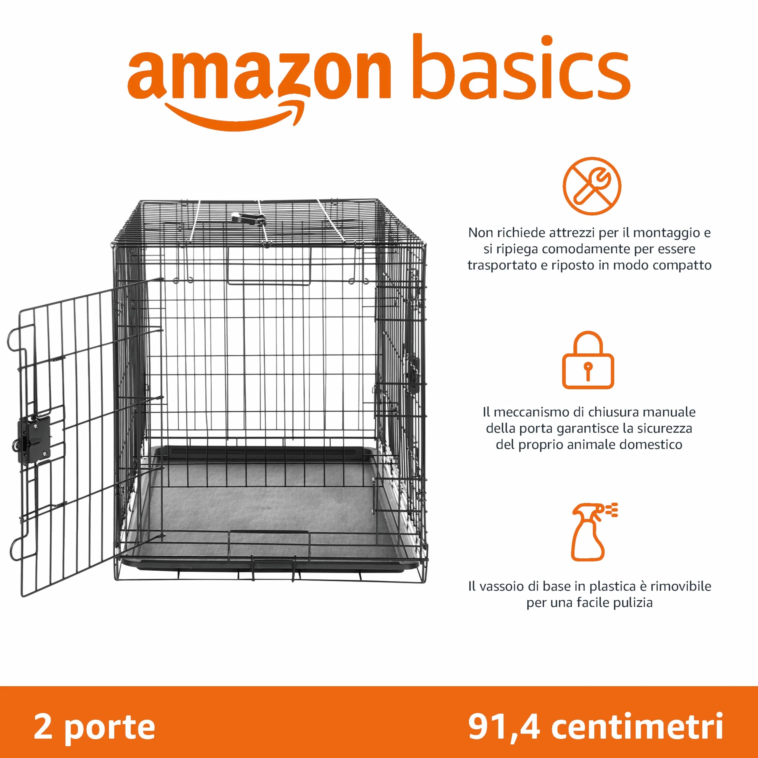 Amazon Basics Gabbia per cani in metallo pieghevole, 91 x 58 x 64 cm, Nero