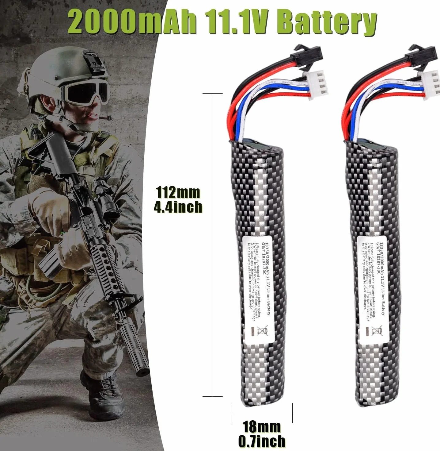 Confezione da 2 batterie agli ioni di litio ricaricabili da 11,1 V 3S per softair, 2000 mAh, RC, SM 2P, connettore con caricatore USB, set per telecomando, fucili a gel, pistole a palla
