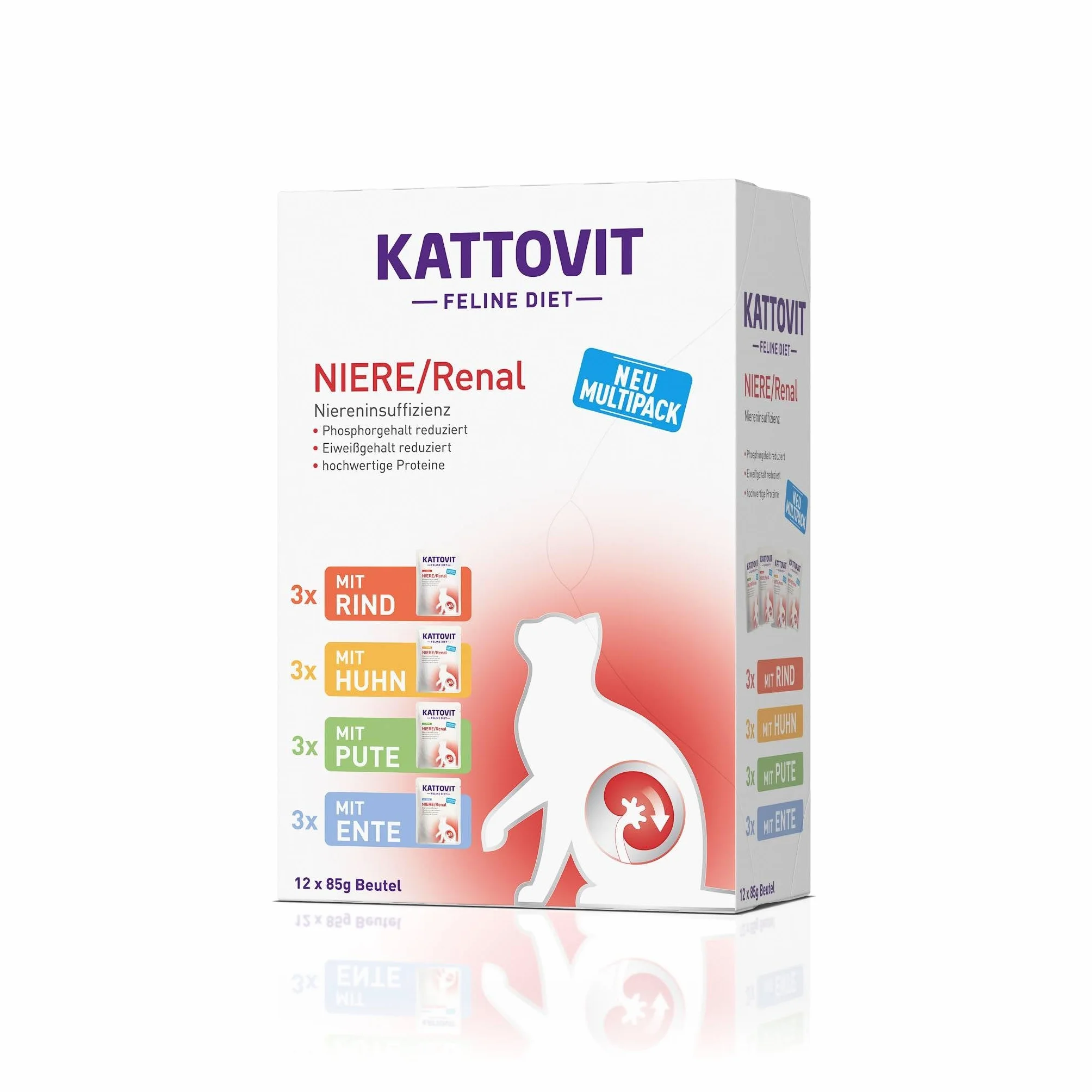 Kattovit Kidney/Renal Multipack | 12 x 85 g | Alimento dietetico completo per gatti con 4 gusti diversi in busta fresca | Per sostenere la funzione renale