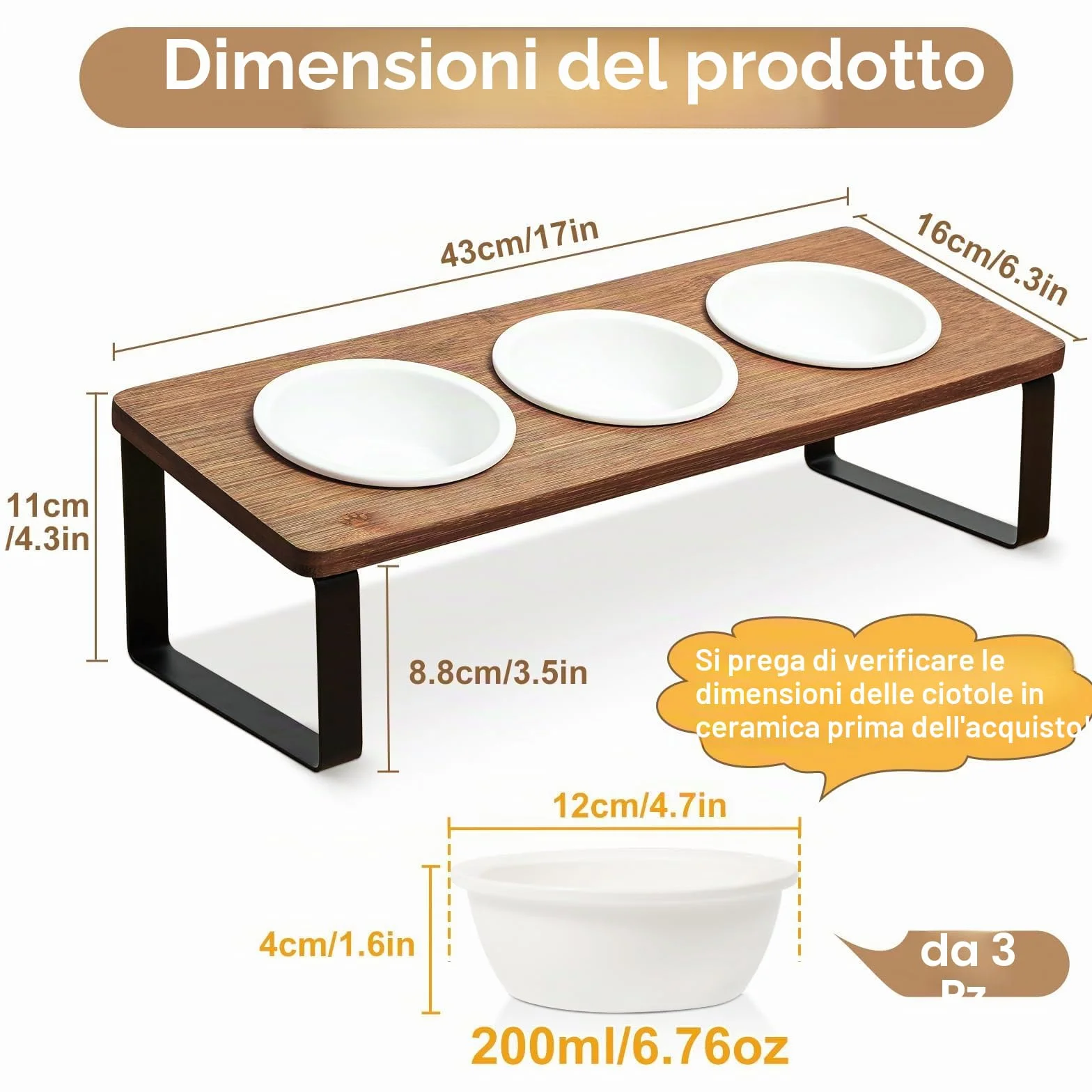 GUUSII HOME Ciotole per Gatti Rialzate 3 in 1 Ciotola Gatto Legno Ceramica 15° Inclinate Set di 3 Ciotole per Alimenti Ø12cm con Supporto in Bambù Inclinato Antiribaltamento