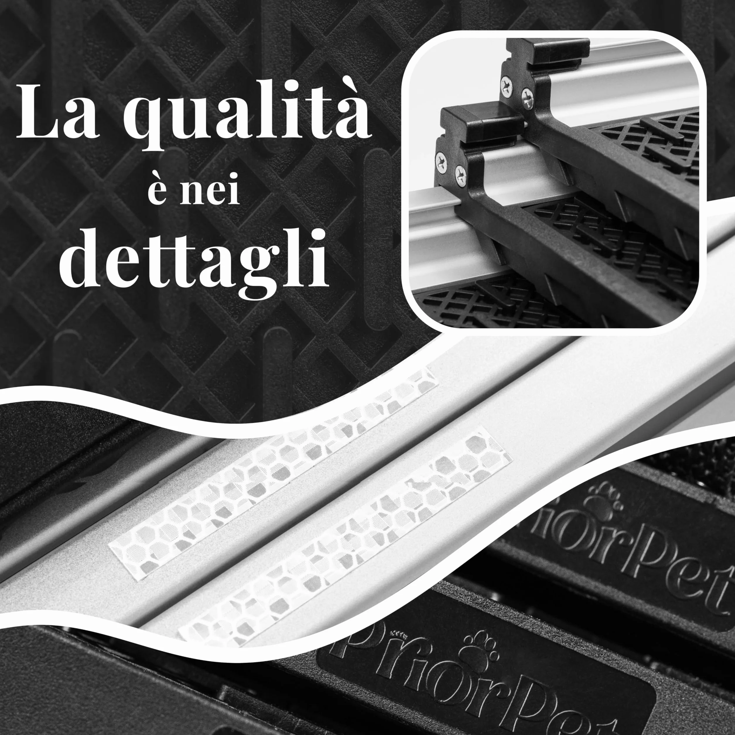 Rampa per Cani per Auto, SUV – Rampe Telescopiche Estensibili per Cani di Grossa Taglia – STABILI – ANTISCIVOLO – Sicurezza Notturna Lati Riflettenti – Capacità 90 kg – Clip di Bloccaggio – Nero