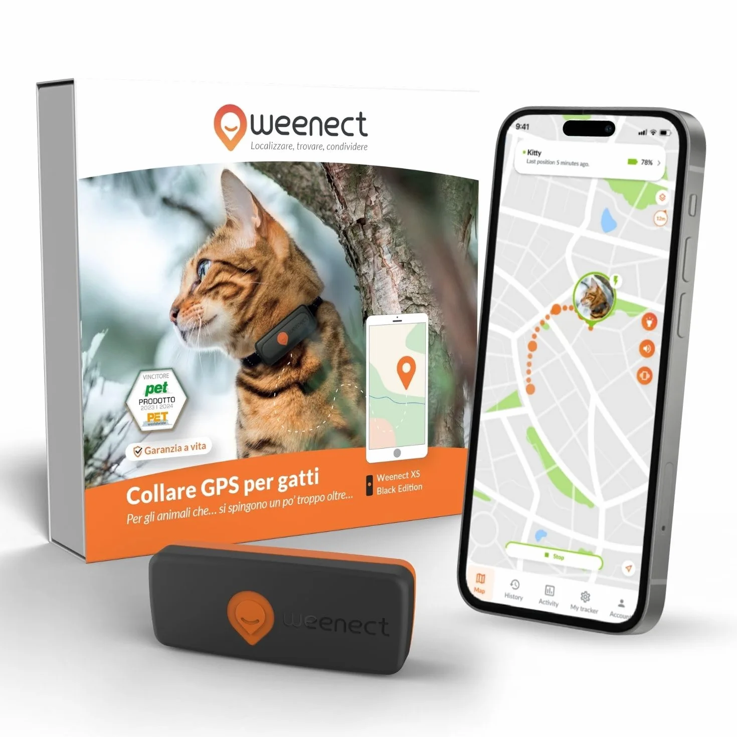 Weenect Cat XS - NUOVO collare GPS per gatti | Il più piccolo sul mercato | Funziona con abbonamento | Collare incluso | Garanzia a vita