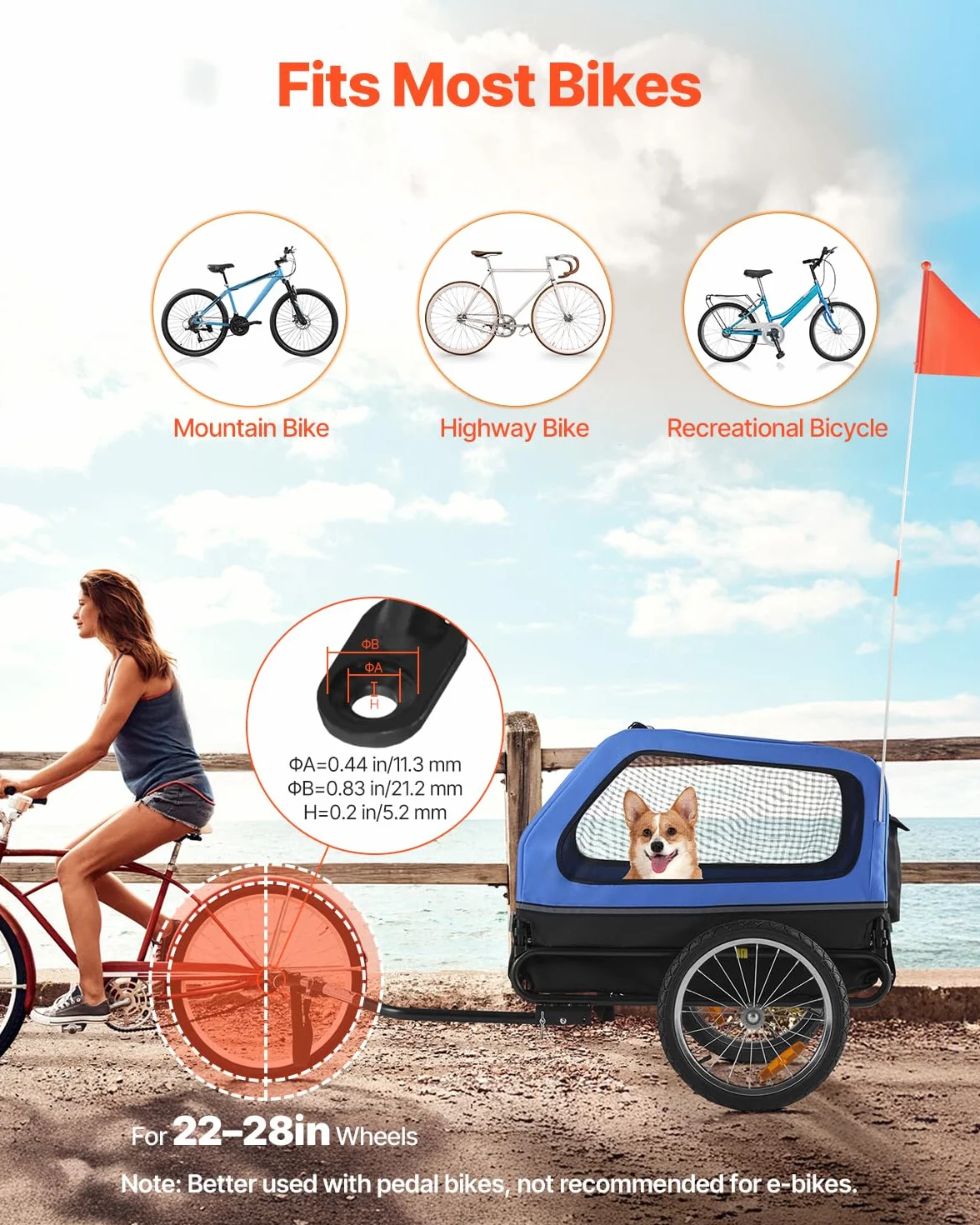 VEVOR Rimorchio per Bici per Cani, Supporta Fino a 40 kg, Carrello Portabici, Telaio Pieghevole con Ruota a Sgancio Rapido, Attacco Universale per Bicicletta, Riflettore, Bandiera Guinzaglio Interno