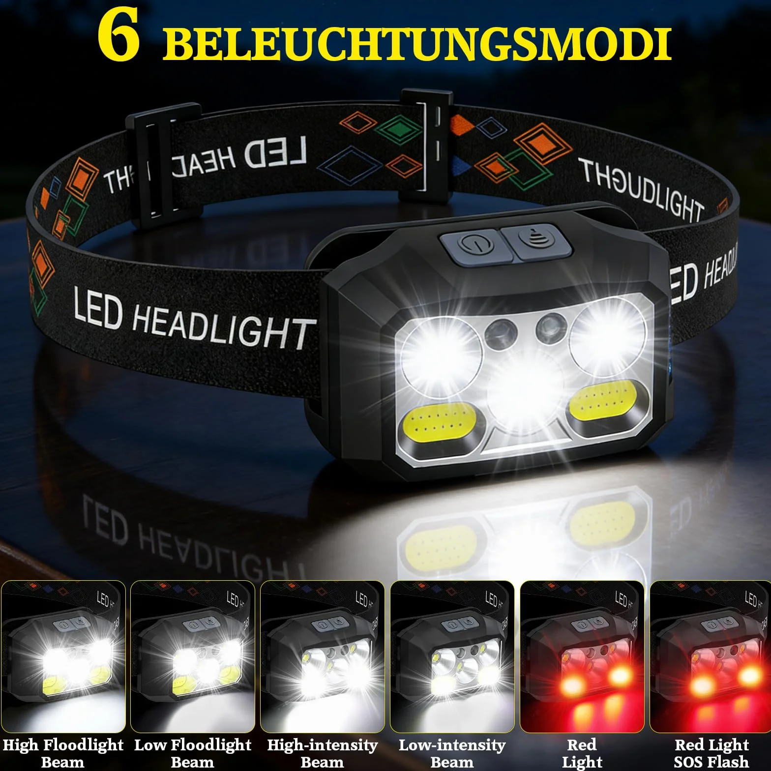 Torcia Frontale LED Ricaricabile USB 2000 Lumen 6 Modalità IPX6 Impermeabile per Pesca Campeggio Corsa 2 Pezzi