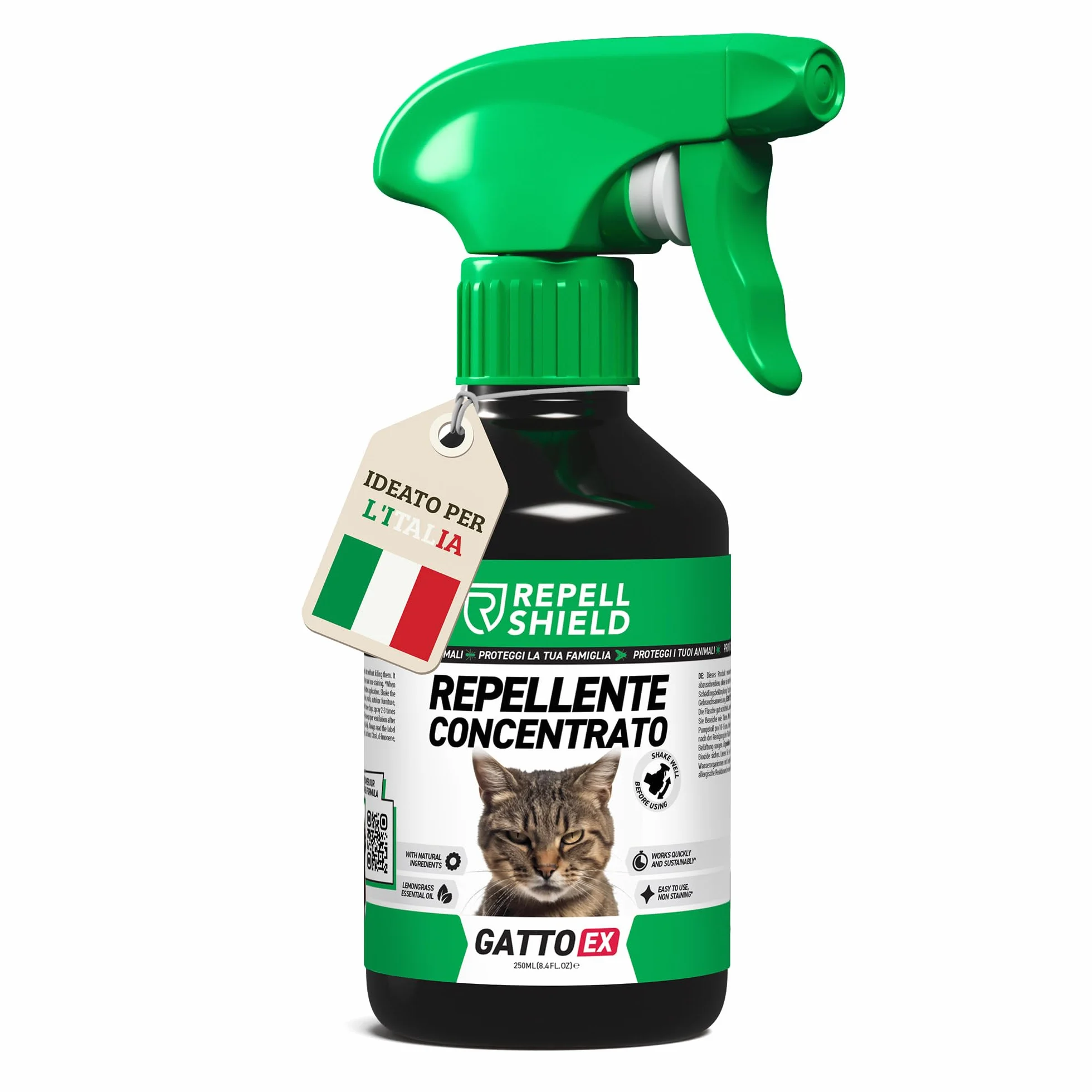 RepellShield® Spray Repellente per Gatti 250ml – Disabituante Naturale per Interni ed Esterni – Allontana Gatti da Divano, Giardino, Auto – AntiGraffio, Anti-marcatura – Sicuro su Superfici