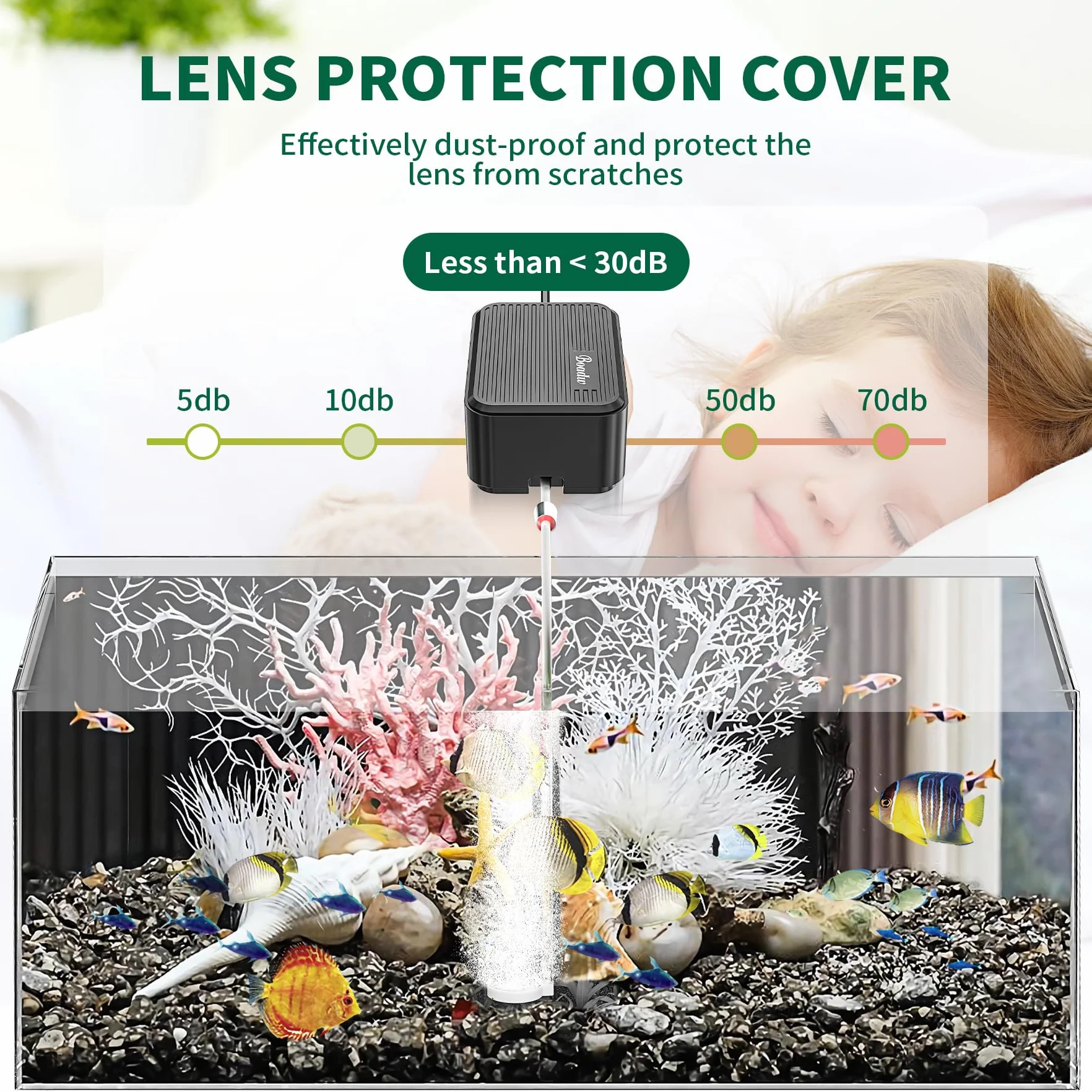 Pompa d'aria per acquari Boadw più silenziosa, pompa di ossigeno regolabile da 2,3 W per acquari fino a 100 litri con tutti gli accessori <30 dB