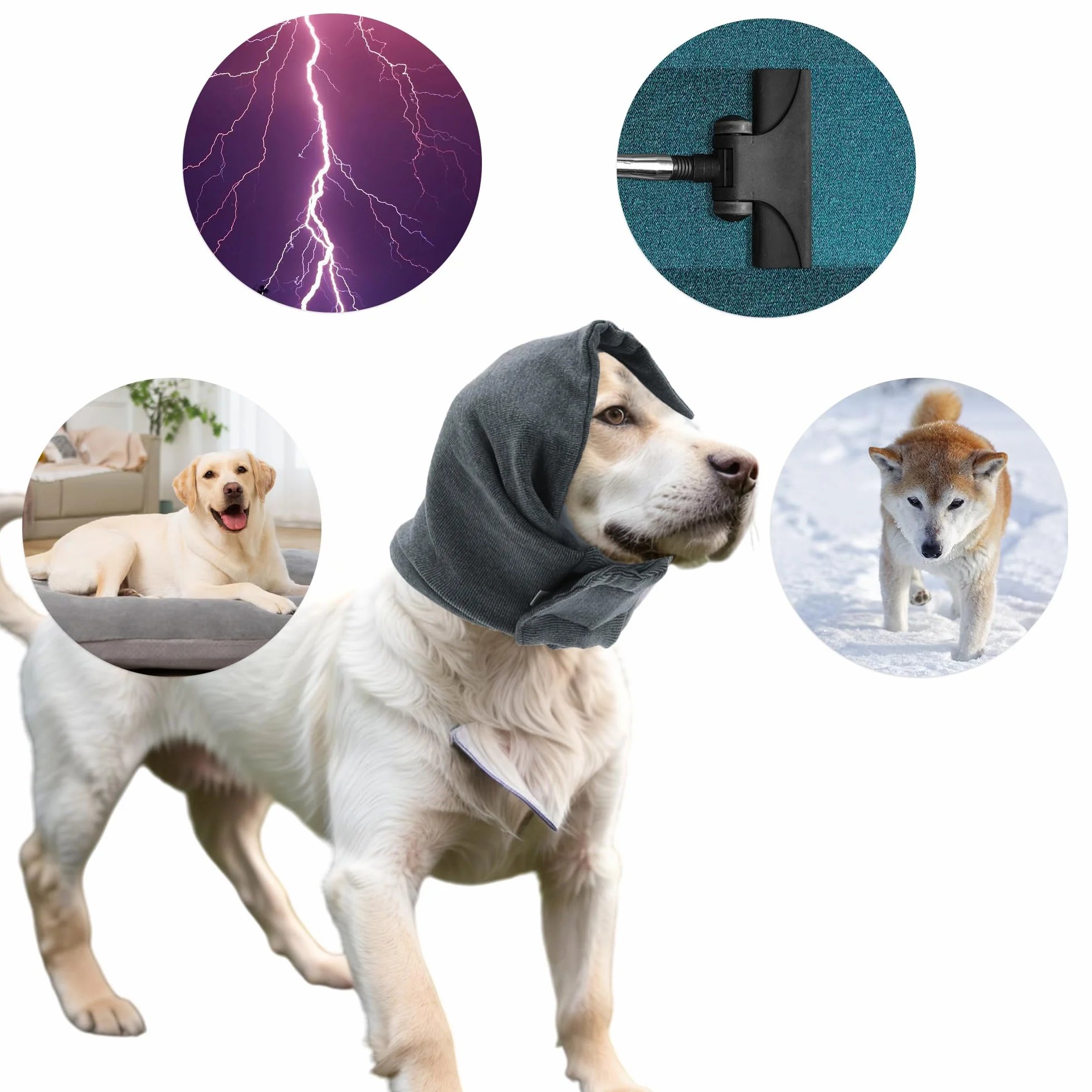 Cappuccio calmante per cani regolabile con nastri magici protezione orecchie toelettatura grigio
