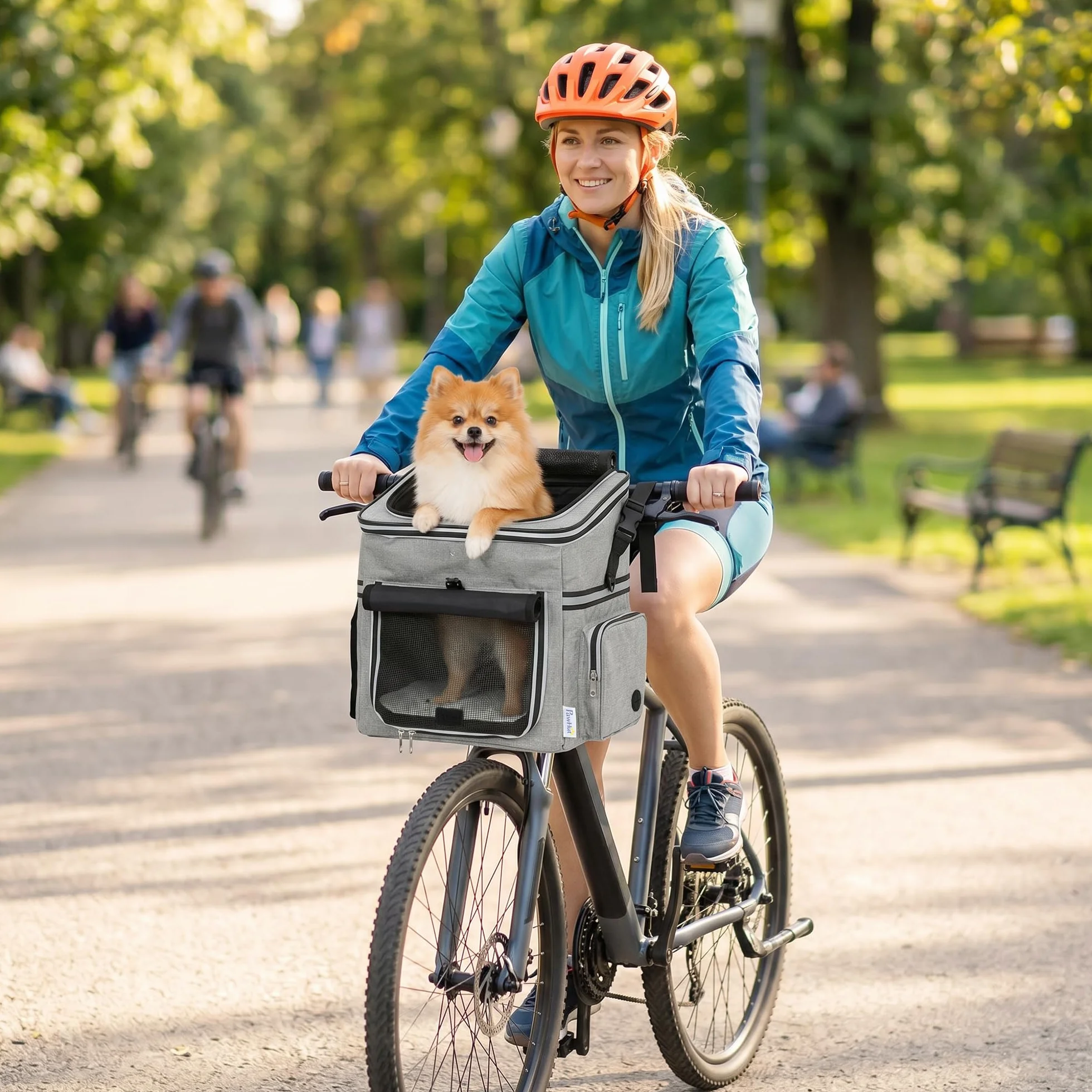 PawHut Cestello da bicicletta Anteriore per Cani Gatti, Cestino Bici Anteriore Portatile con Guinzaglio di Sicurezza, Base Rigida Rimovibile, Coperchio Staccabile, Cuscino Soffice, Finestre e Porta