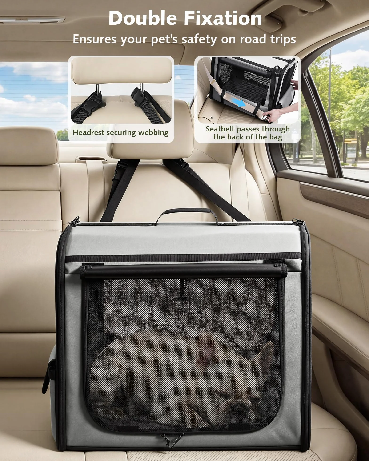 Pecute Trasportino Cani Stabile Leggero, per viaggi e auto, Portatile Con Finestre Traspiranti, Pieghevole Per Animali Domestici, Uso Interno Esterno, 61×45×52 cm, Grigio
