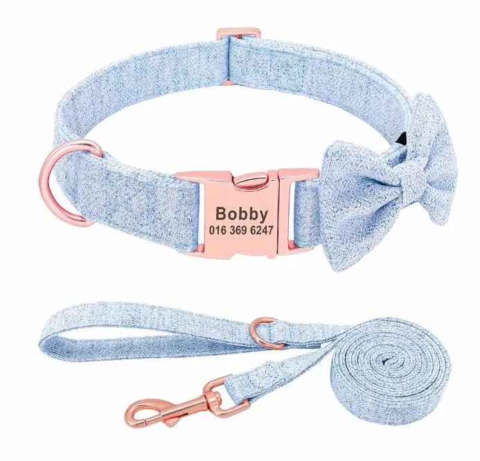 Set Collare Per Cane Personalizzato Morbido Con Fiocco Con Nome Personalizzato Inciso Collare Per Cane In Nylon Stampa Guinzaglio Per Cani Di Taglia Piccola,Media E Grande,Blu,l