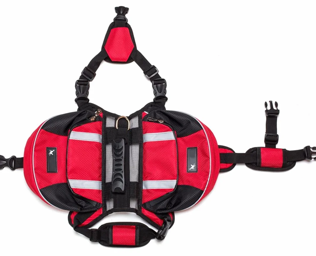 Borsa da Sella per Cani Medio e Grande - Zaino Imbracatura per Viaggio Escursionismo Sport all'aperto, Alforja Regolabile Impermeabile Giubbotto Riflettente con Manico (rosso, M(cane 18kg - 28kg)
