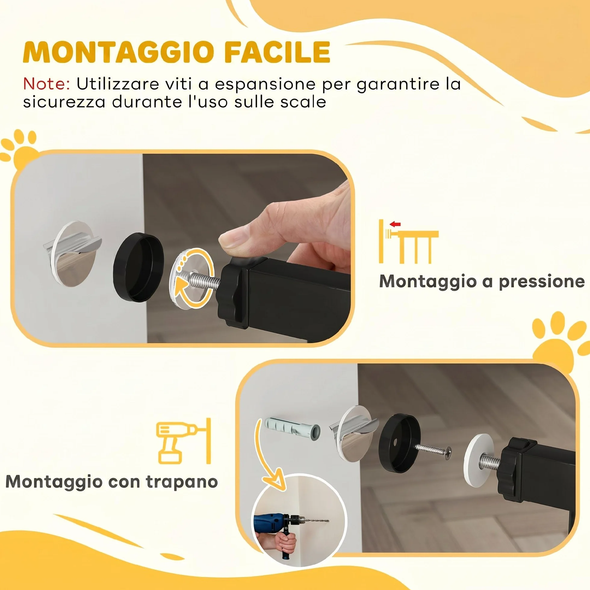 PawHut Cancellino per Cani 3 Estensioni Larghezza Regolabile 147.5 cm Fissaggio a Pressione Senza Fori Chiusura Automatica Nero