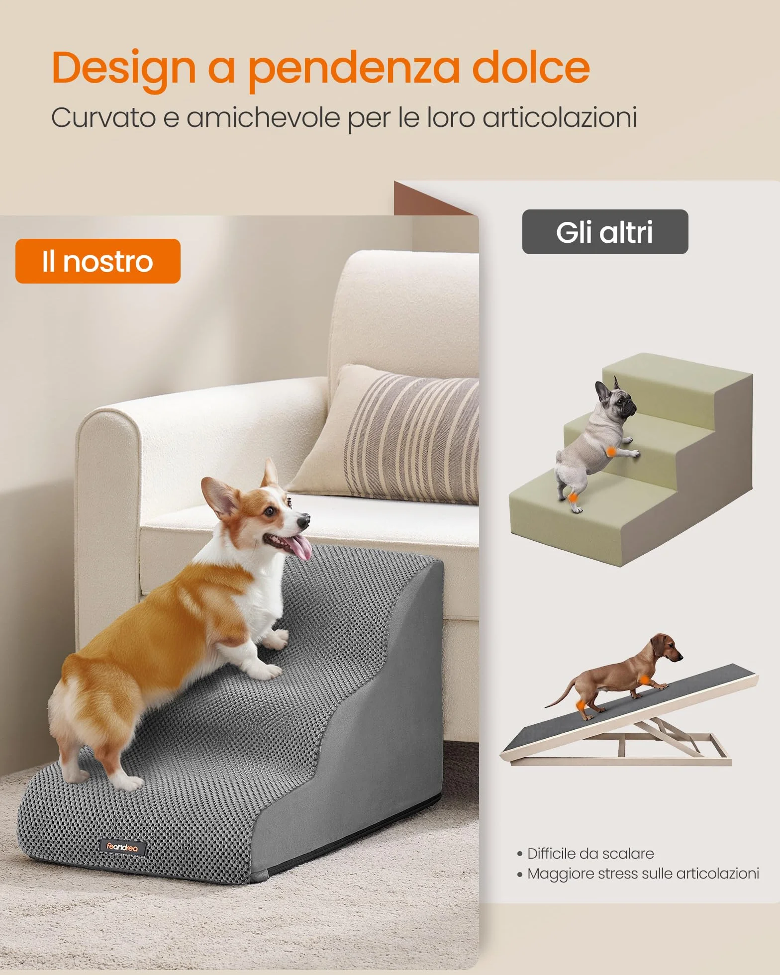 Feandrea Scala a 3 Gradini per Cani in Velluto Goffrato, Antiscivolo e Impermeabile, Copertura Lavabile, Grigio Tortora