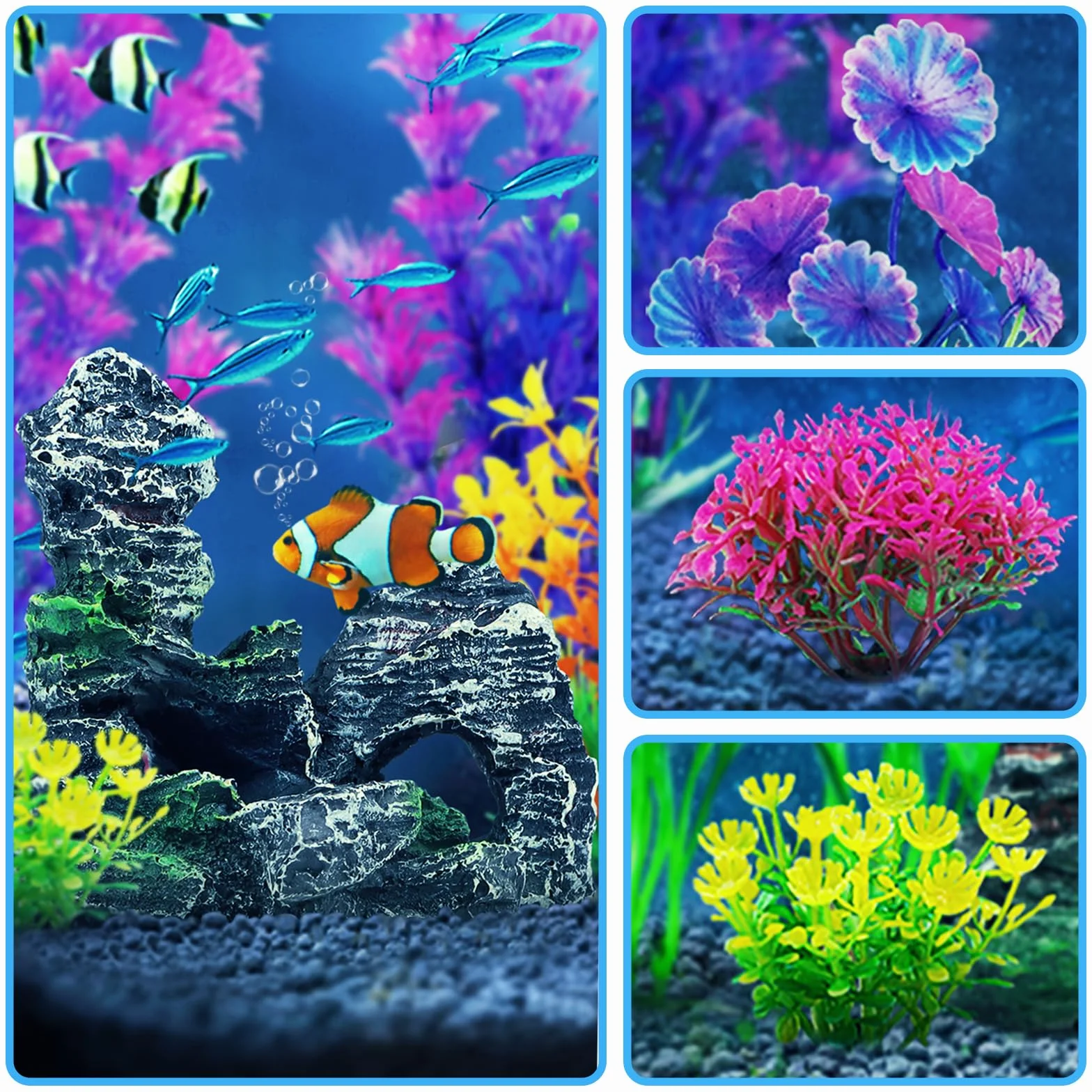 QUOZUO Decorazioni per acquari, 9 pezzi piante con vista rocciosa in resina, acquari piante in plastica, accessori per acquari e nascondigli