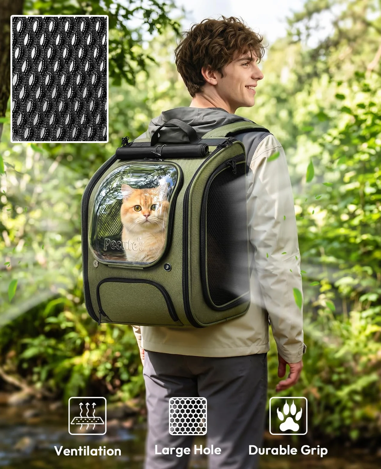 Pecute Zaino Trasportino per Gatti a Bolla - Ampio spazio stabile, parasole traspirante, ideale per viaggiare, fare escursioni, fare visitare cliniche veterinarie con il tuo animale domestico, Verde