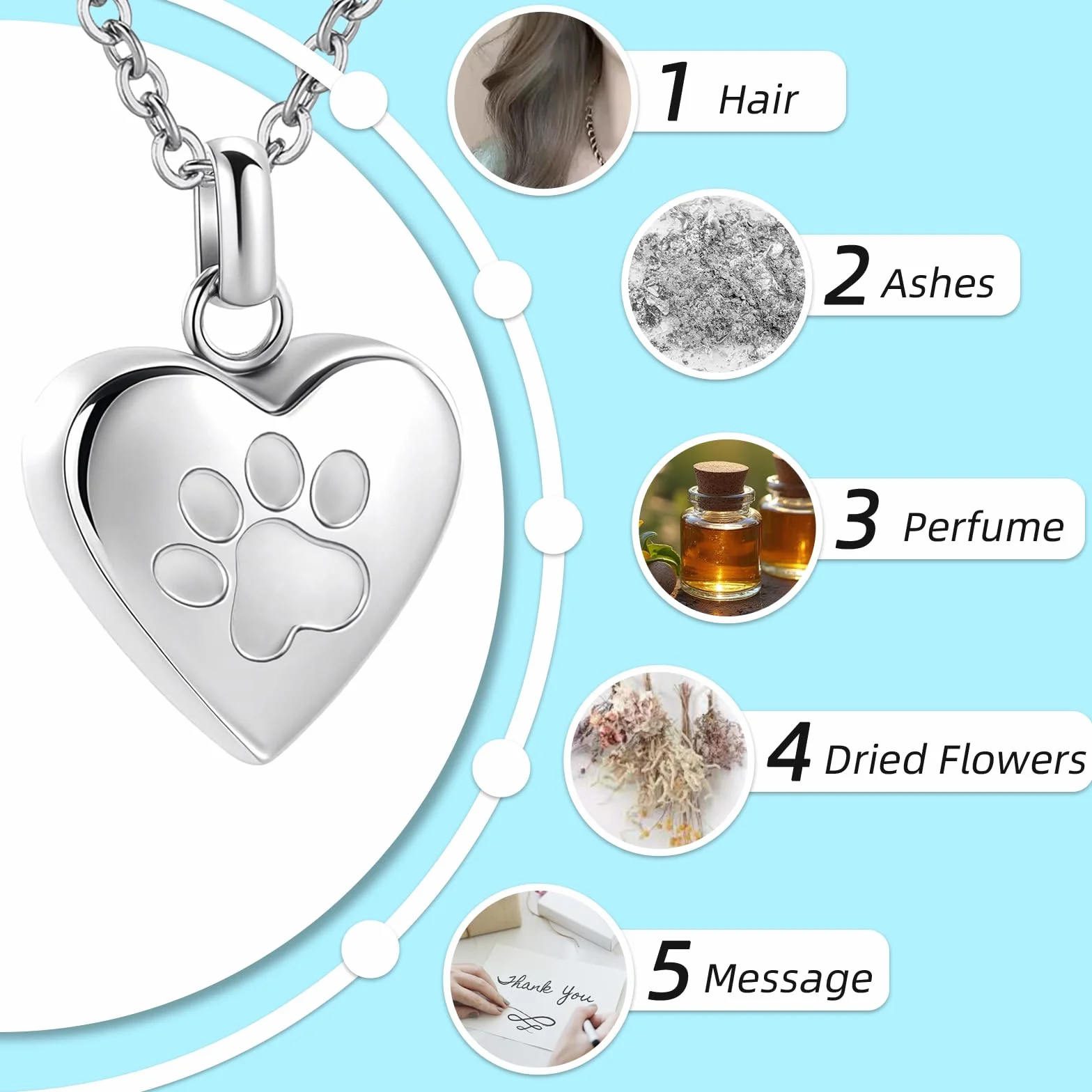 Collana commemorativa con urna commemorativa per ceneri di cane/gatto a forma di cuore per animali domestici, urna commemorativa con impronta di zampa, gioiello commemorativo per ceneri