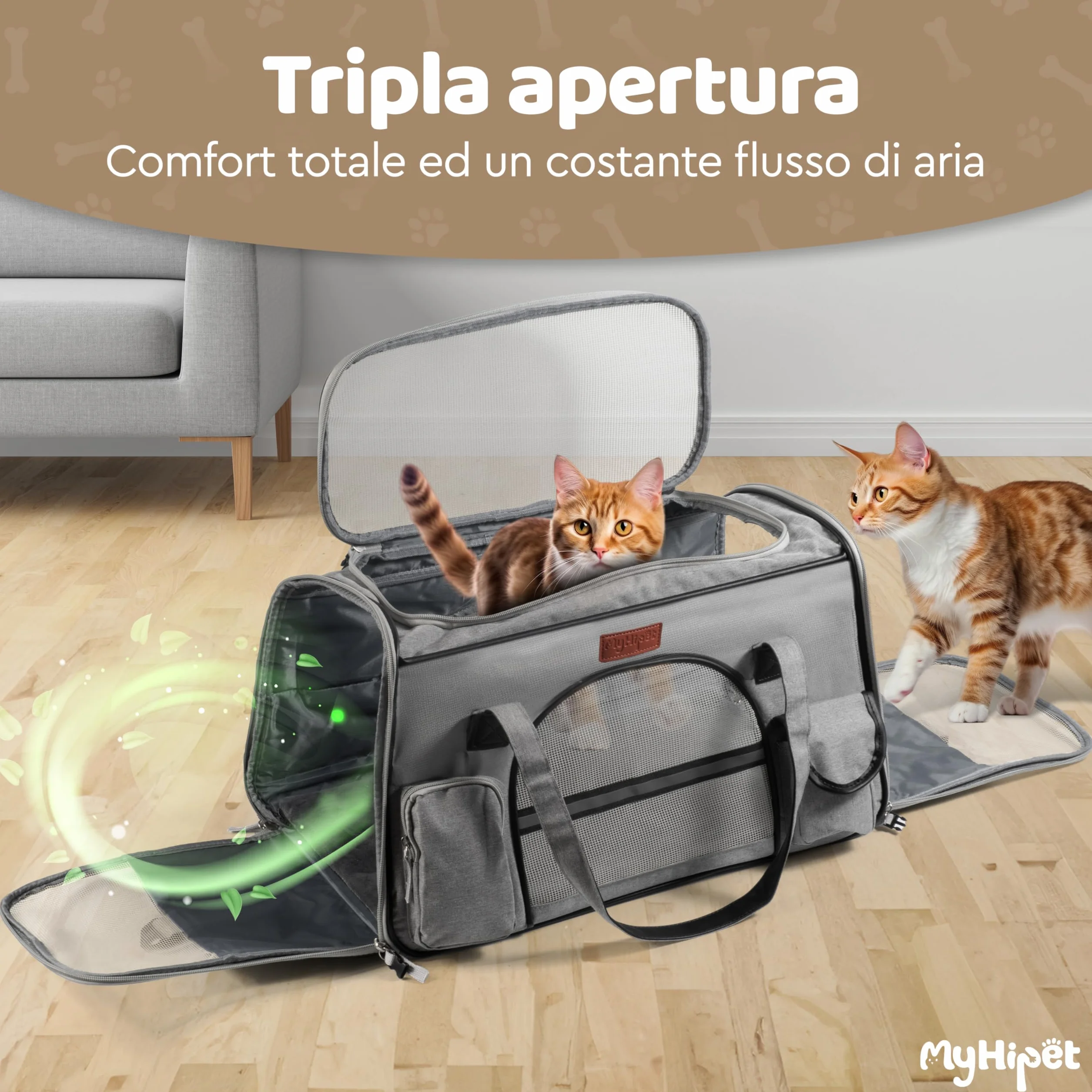 Trasportino per Gatti e Cani Grande in Oxford 300D - Trasportino per cani Auto Ideale anche per Viaggi Aerei - Misura 48x28x30 cm (Grigio)