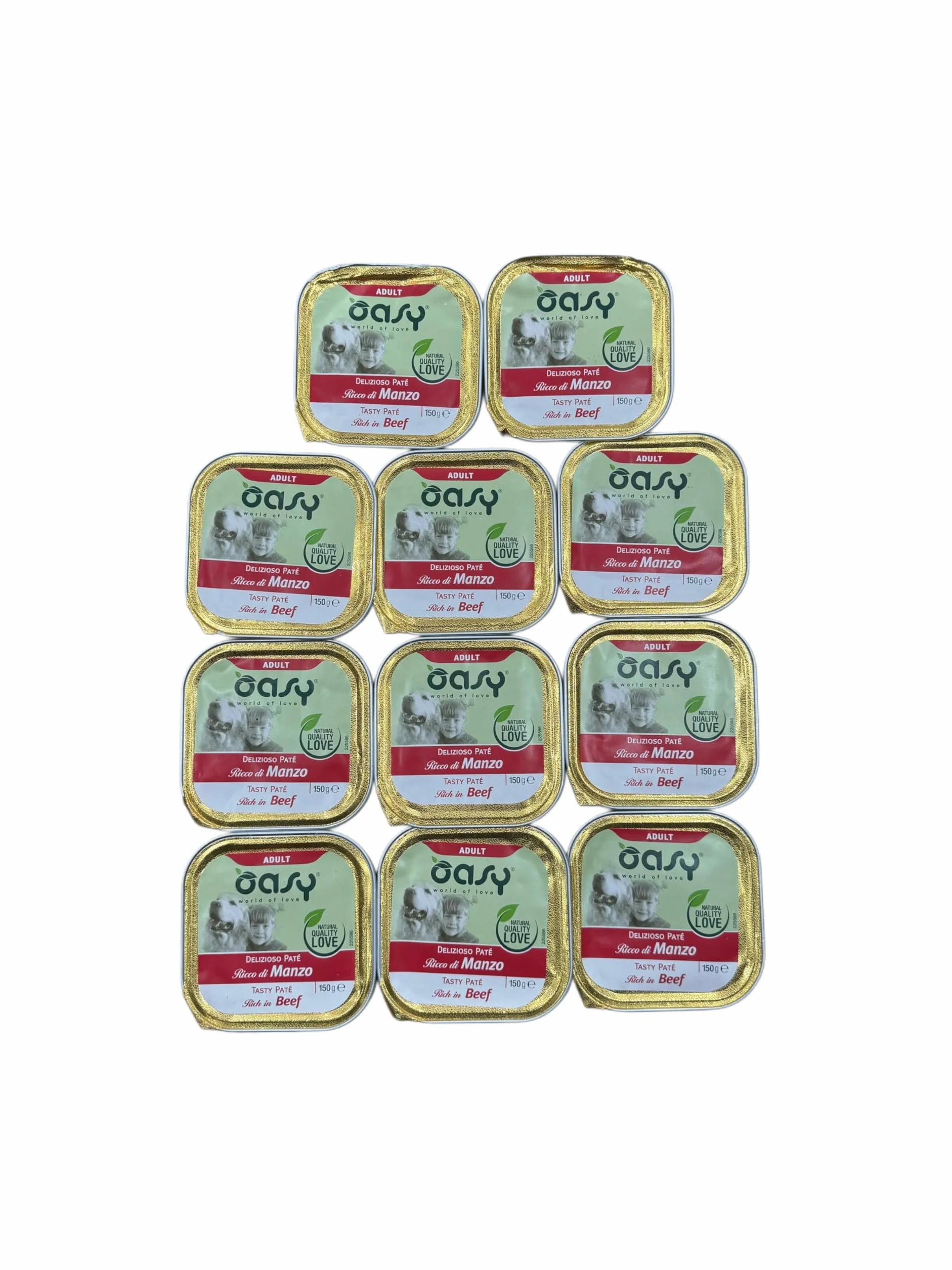Oasy delizioso patè per cani adulti di tutte le taglie, gusto MANZO | 11 vaschette da 150 grammi l'una.
