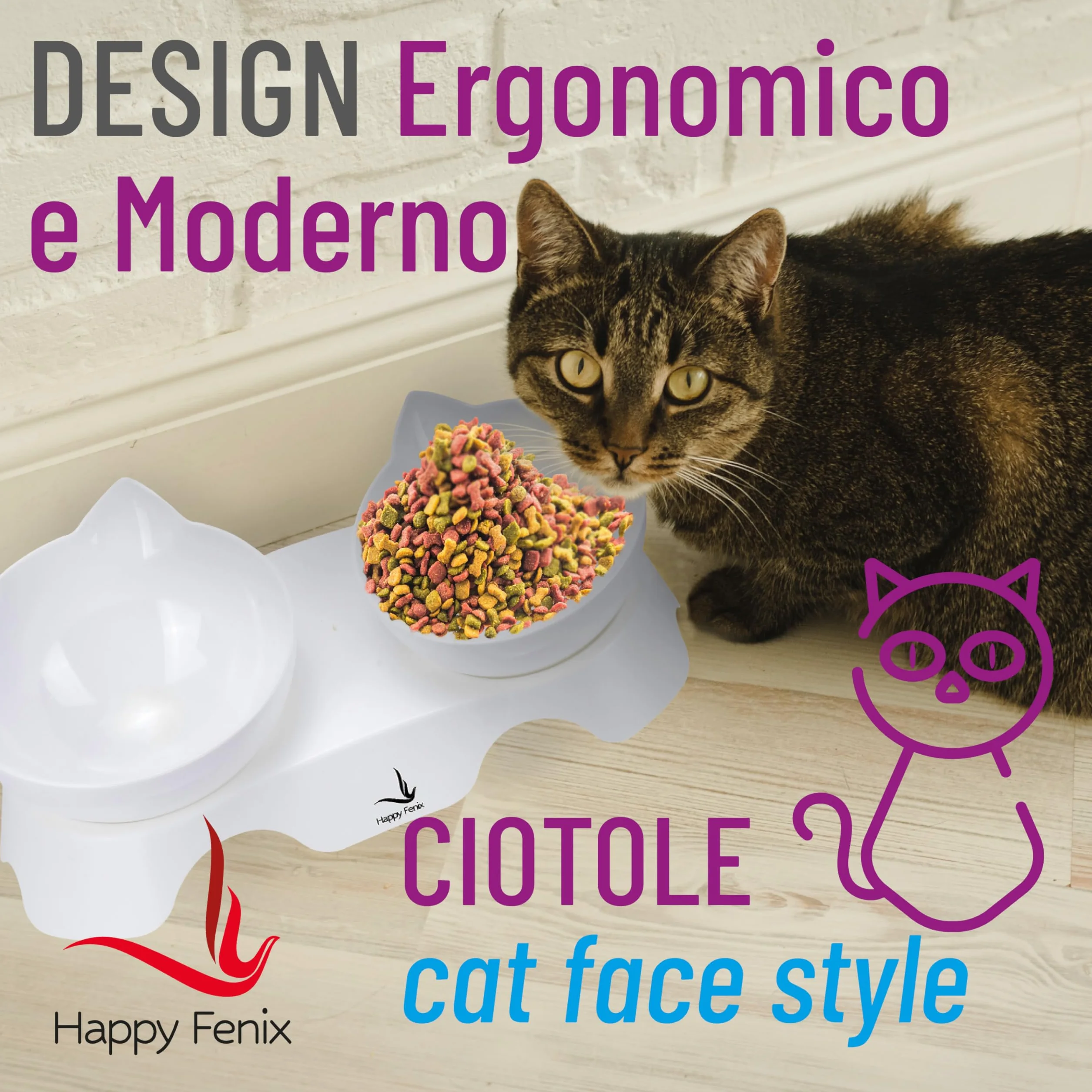 Ciotole Per Gatti in Plastica 2 Pezzi - Eleganti, Resistenti, Antiscivolo e Facili da Pulire - Colore Bianco