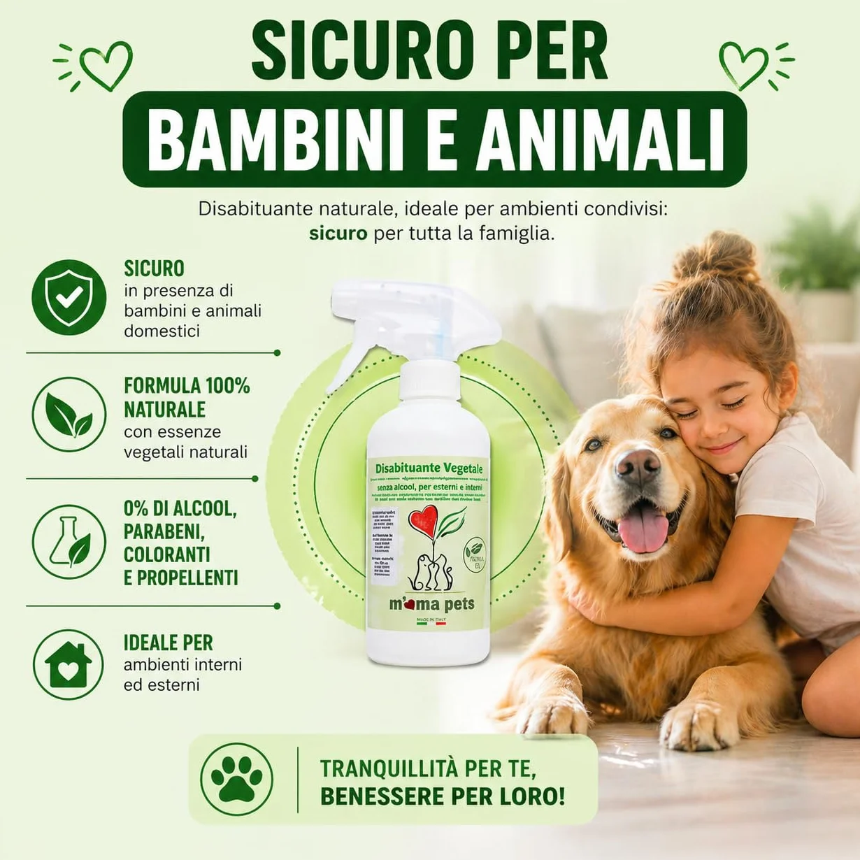 M' MA PETS Repellente Disabituante per Cani e Gatti 100% Naturale, Made in Italy - Spray Anti Urina Uso Interno ed Esterno – Formula Green a Base Vegetale Senza Alcool - 500ml