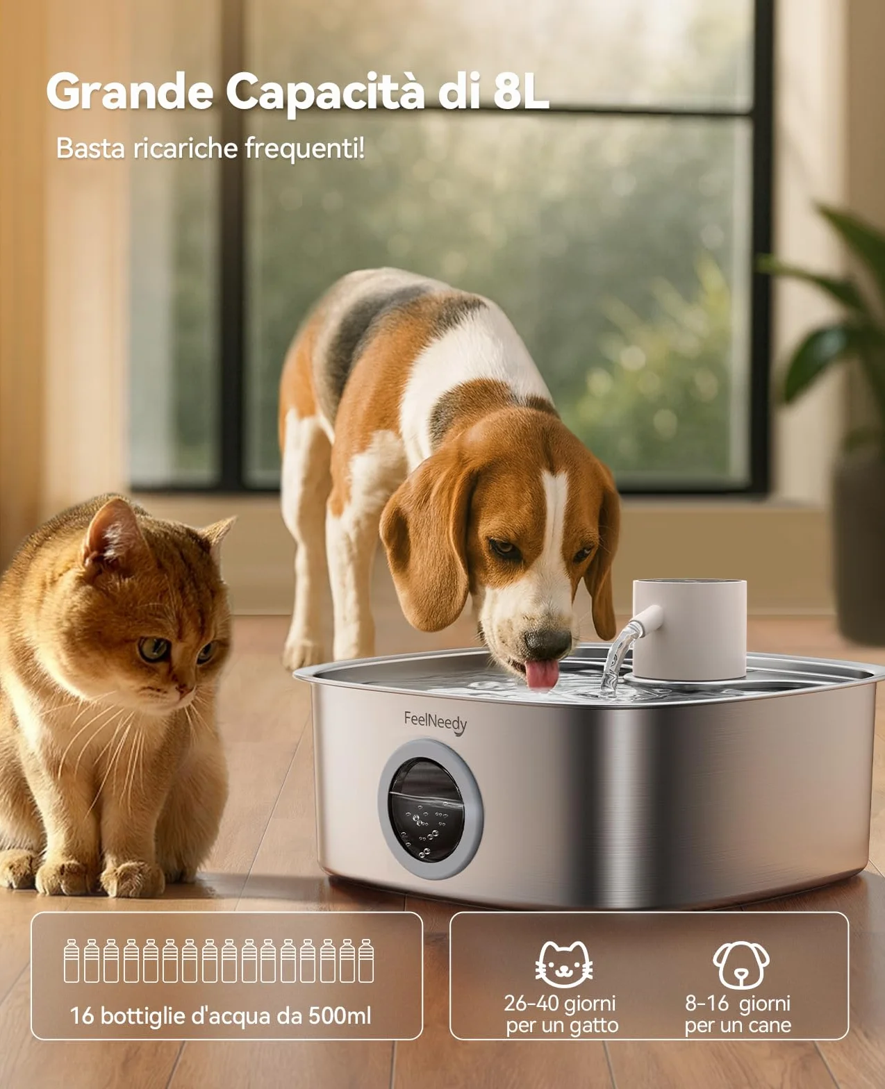 FEELNEEDY 8L Fontanella per Gatti senza Fili, 5000 mAh Batteria Fontanella per Cani Acciaio Inox con 3 Filtri, Fontana per Gatti con Sensore Radar di Movimento, Lavabile in Lavastoviglie