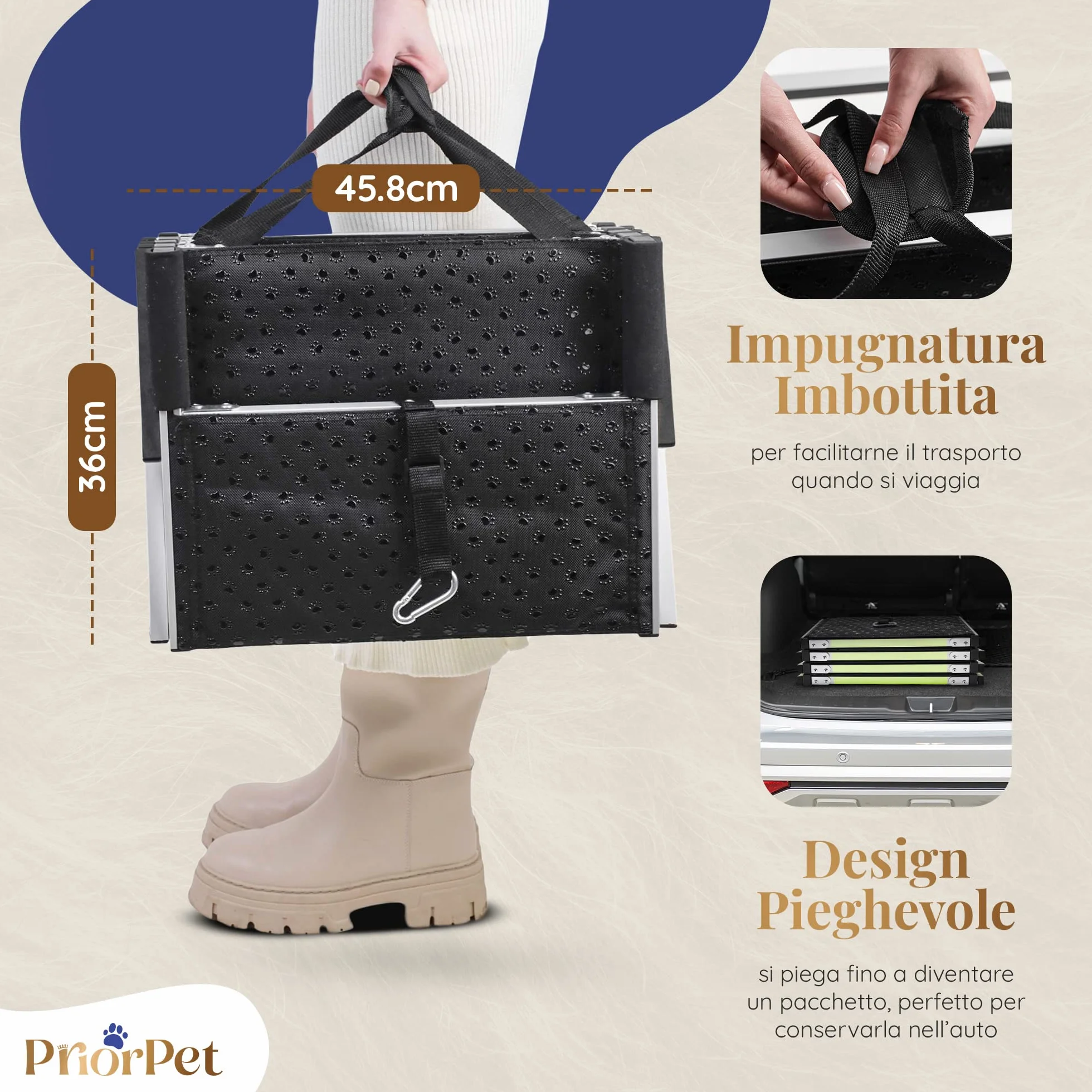 PRIORPET Rampa per Cani Pieghevole 4 Gradini Antiscivolo Riflettente 77 kg