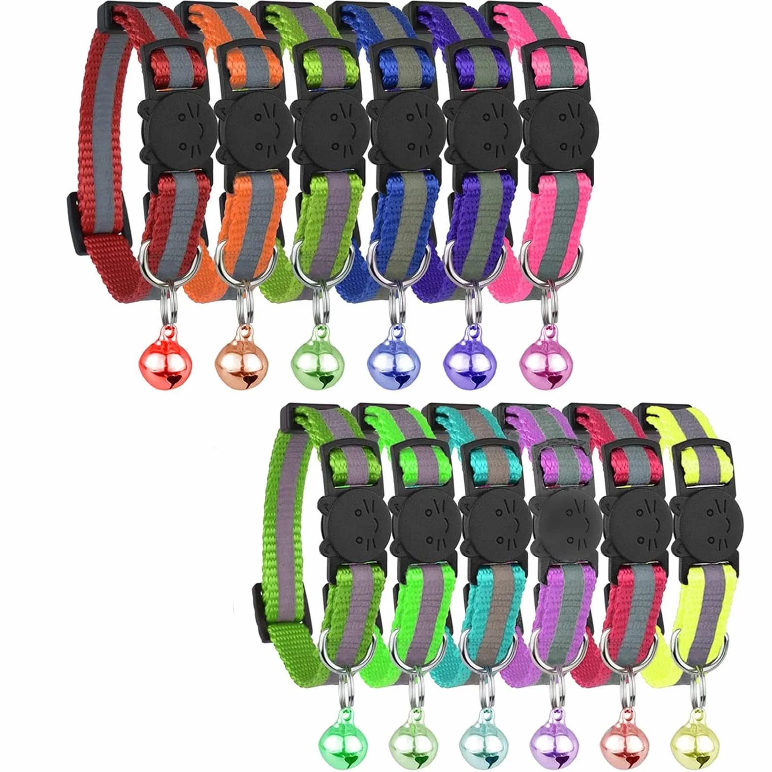 12PCS Collare Gatto Riflettenti,Collari per Gatti Antistrozzo con Campanellino,Regolabile 20-34 cm,Sicuro,Nylon, Accessori Animali Domestic (strip)