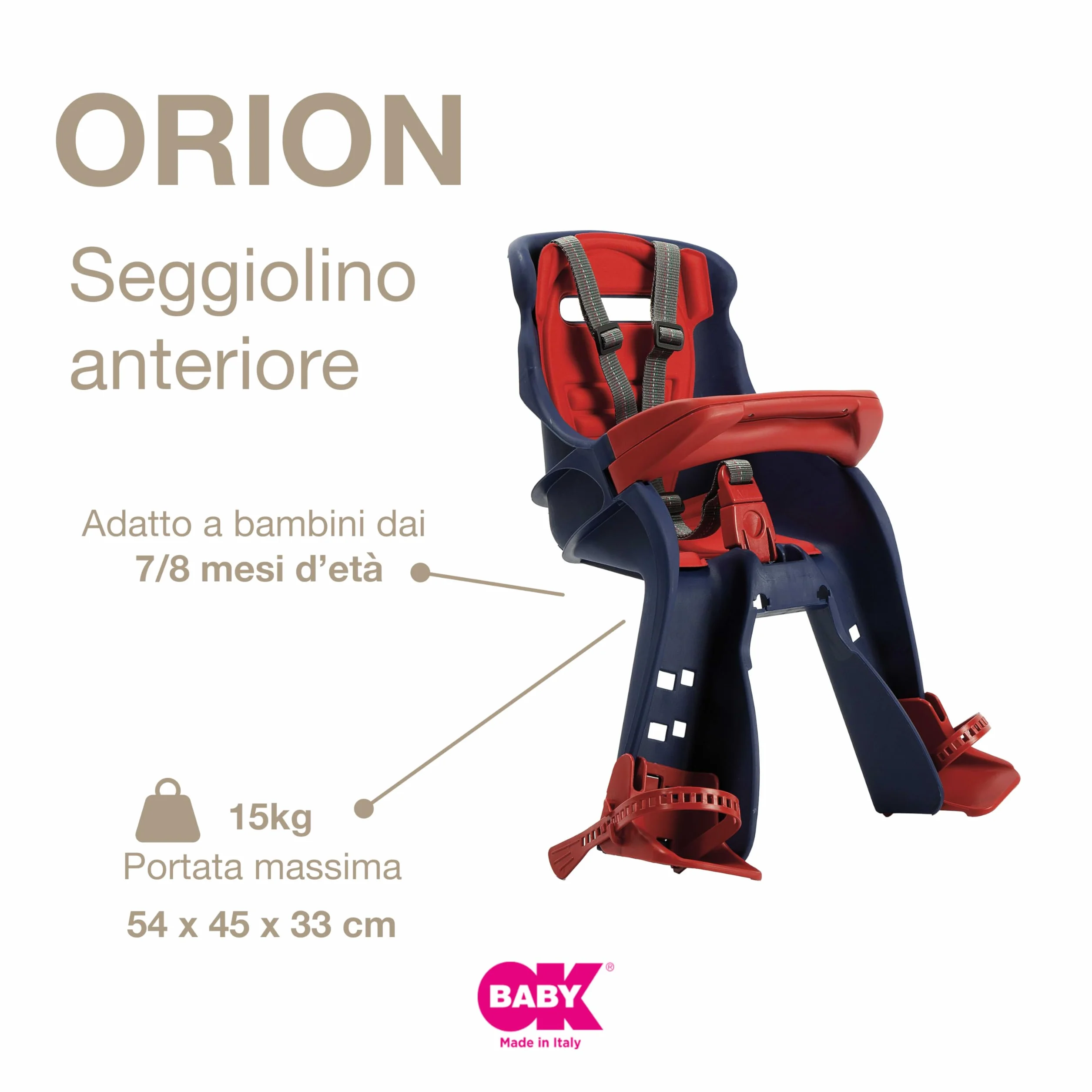 OKBABY Orion - Seggiolino Anteriore per Bambini, Sicurezza in Bicicletta dai 7/8 Mesi (15 kg), Compatibile con biciclette elettriche a pedalata assistita, Blu e Rosso, 54x45x33 cm (HxLxP)